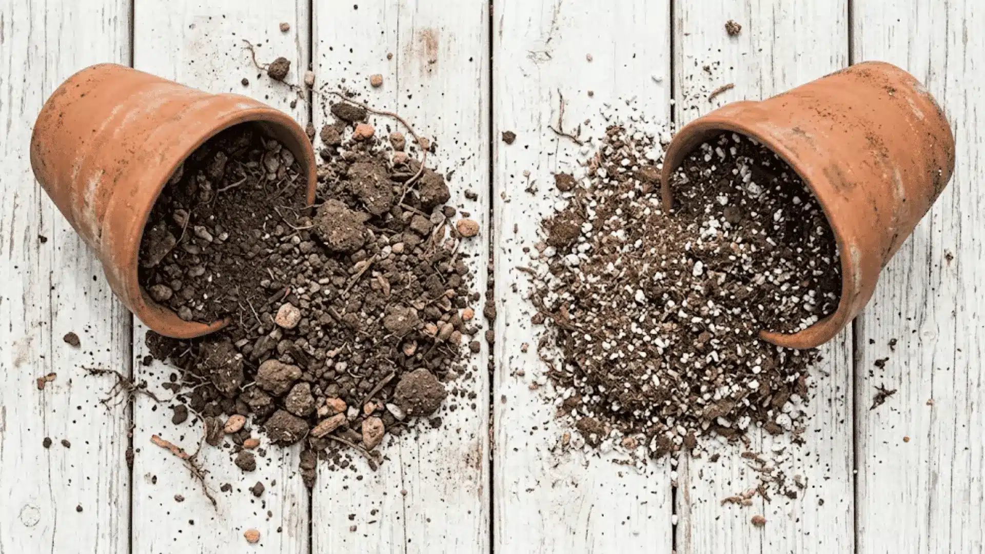 overhead flat lay comparing dense dark garden soil and light airy potting mix spilling from terracotta pots