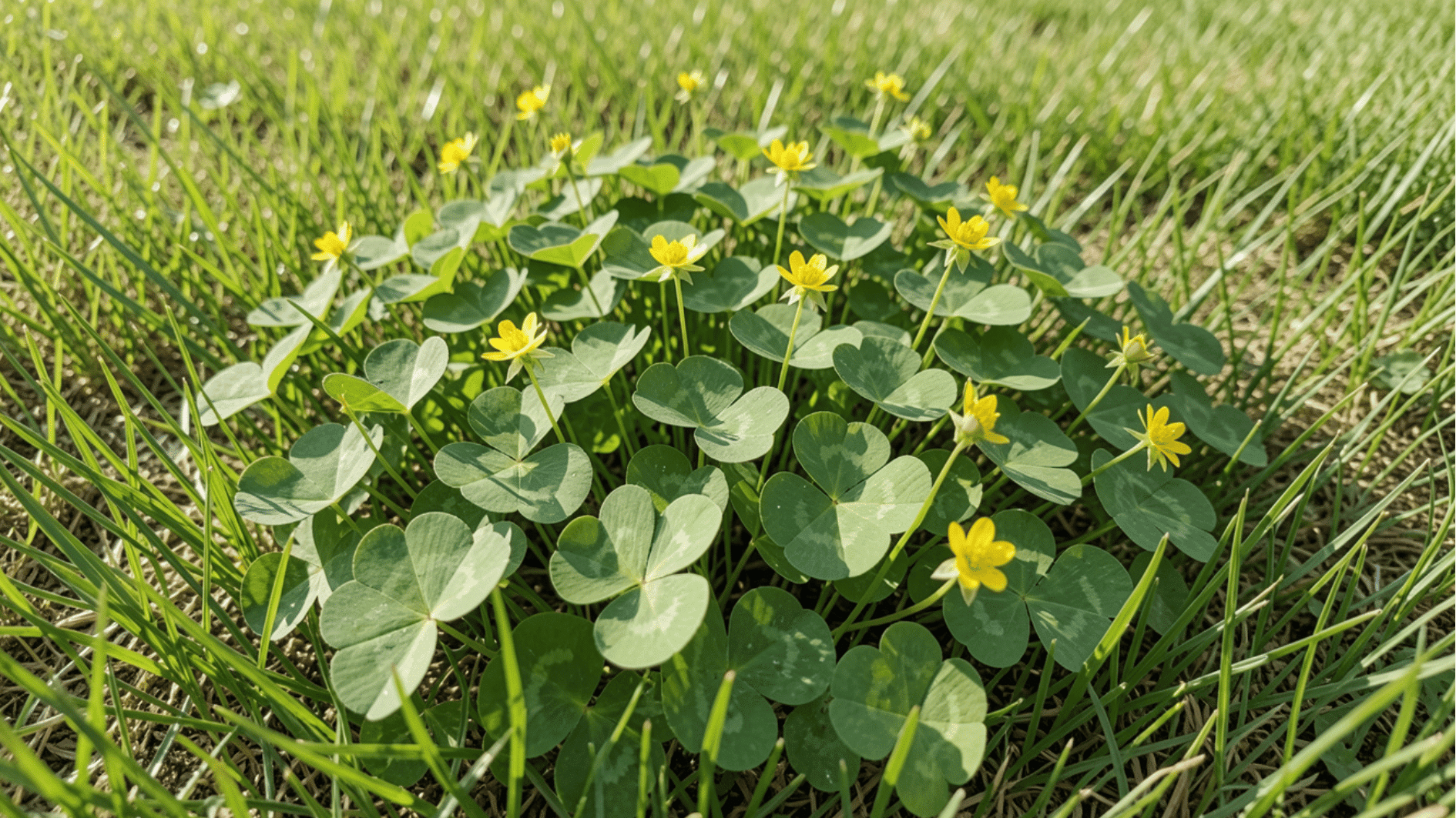 oxalis weed patch with clover-shaped leaves and tiny yellow flowers growing low across grassy lawn in sunlight