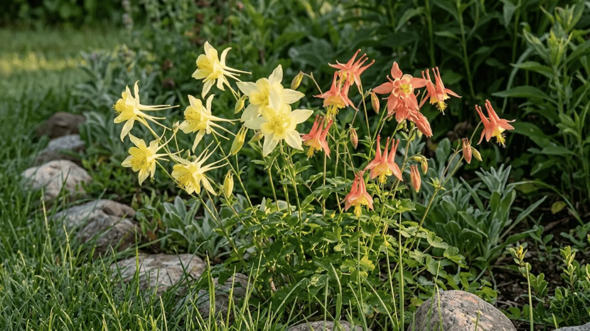 pale yellow and coral columbine flowers along a garden border in early morning golden light
