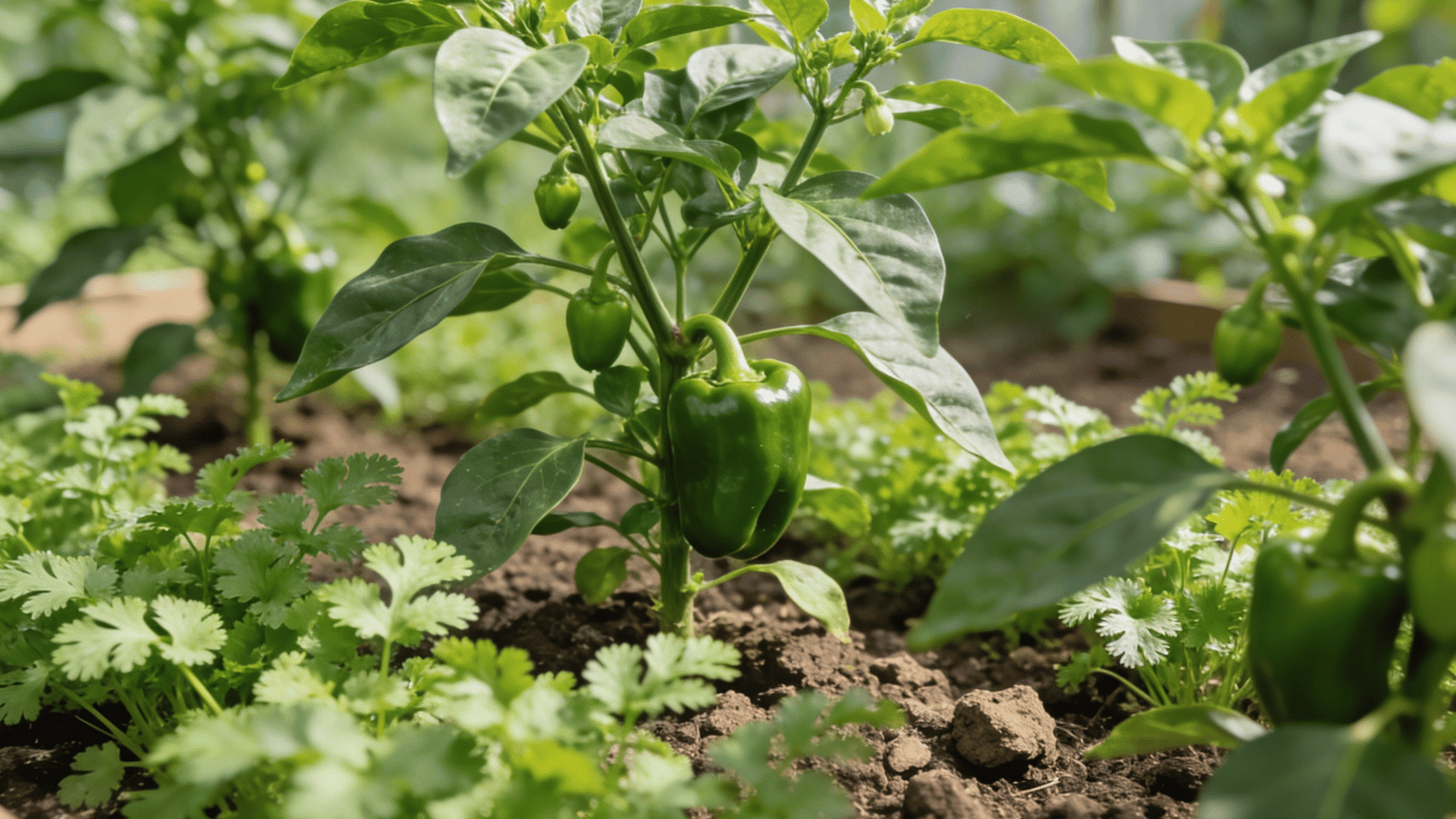 parsley growing lush beneath green pepper plant in garden bed with rich soil and bright natural daylight
