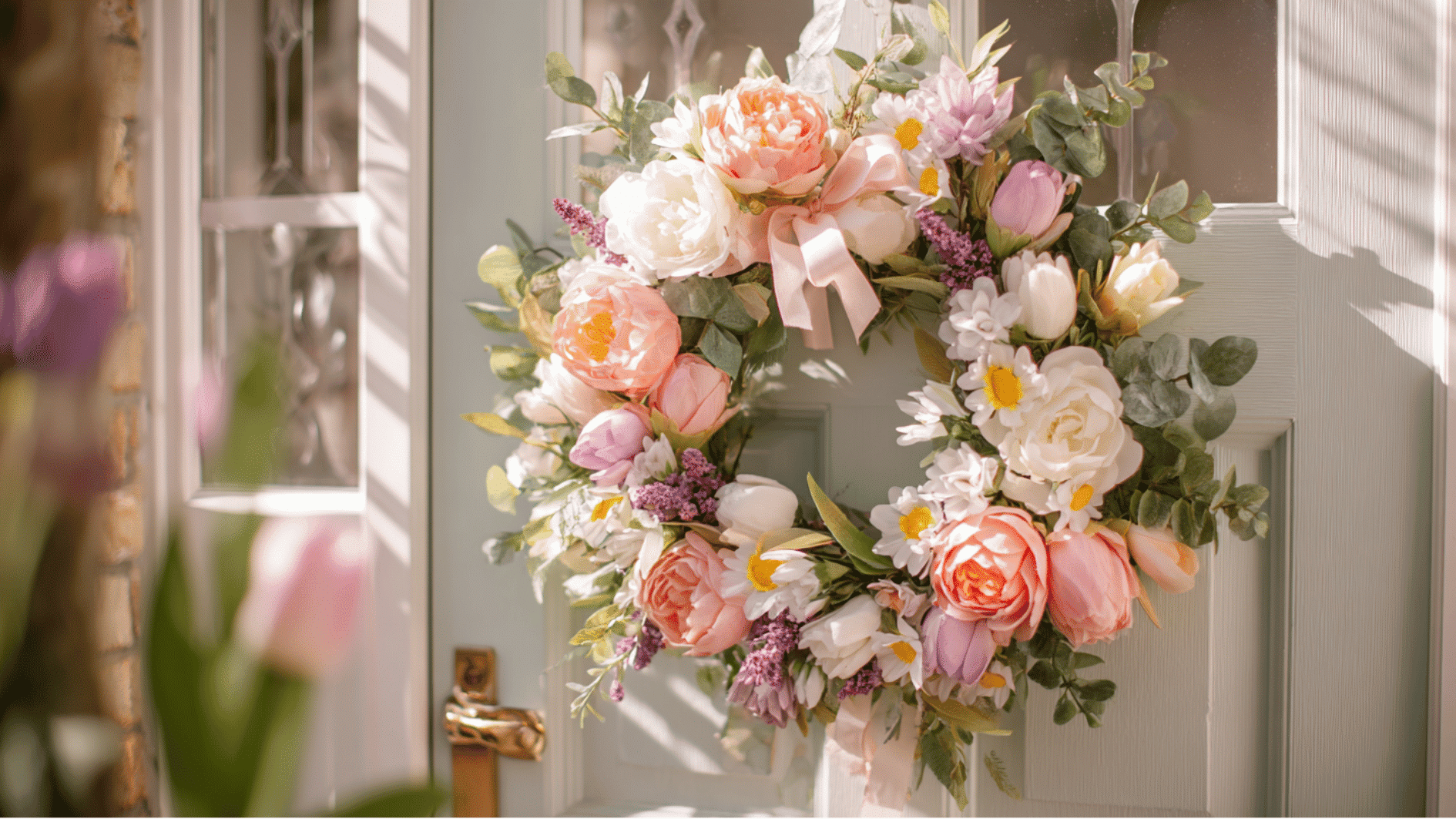 pastel floral spring wreath with roses, tulips, daisies, and greenery hanging on a white front door in soft sunlight