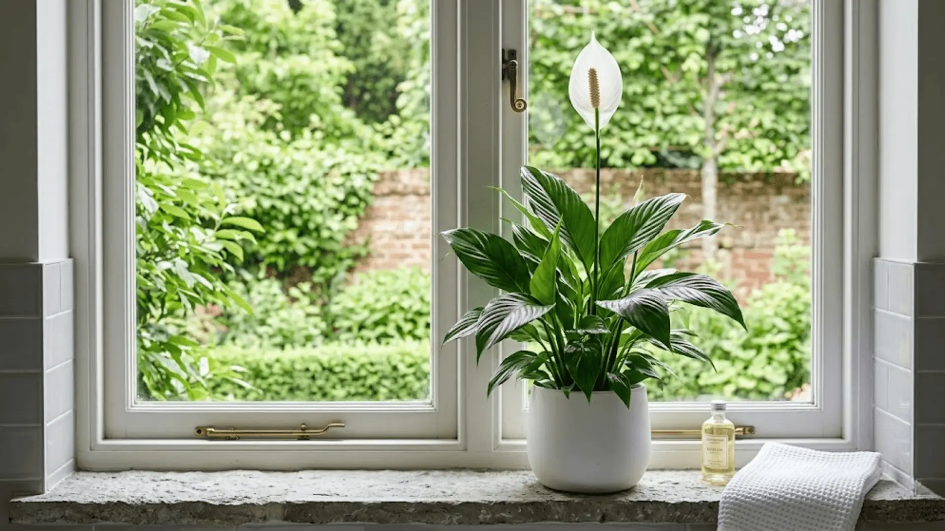 peace lily with white bloom in a white pot on a bathroom windowsill with soft natural light