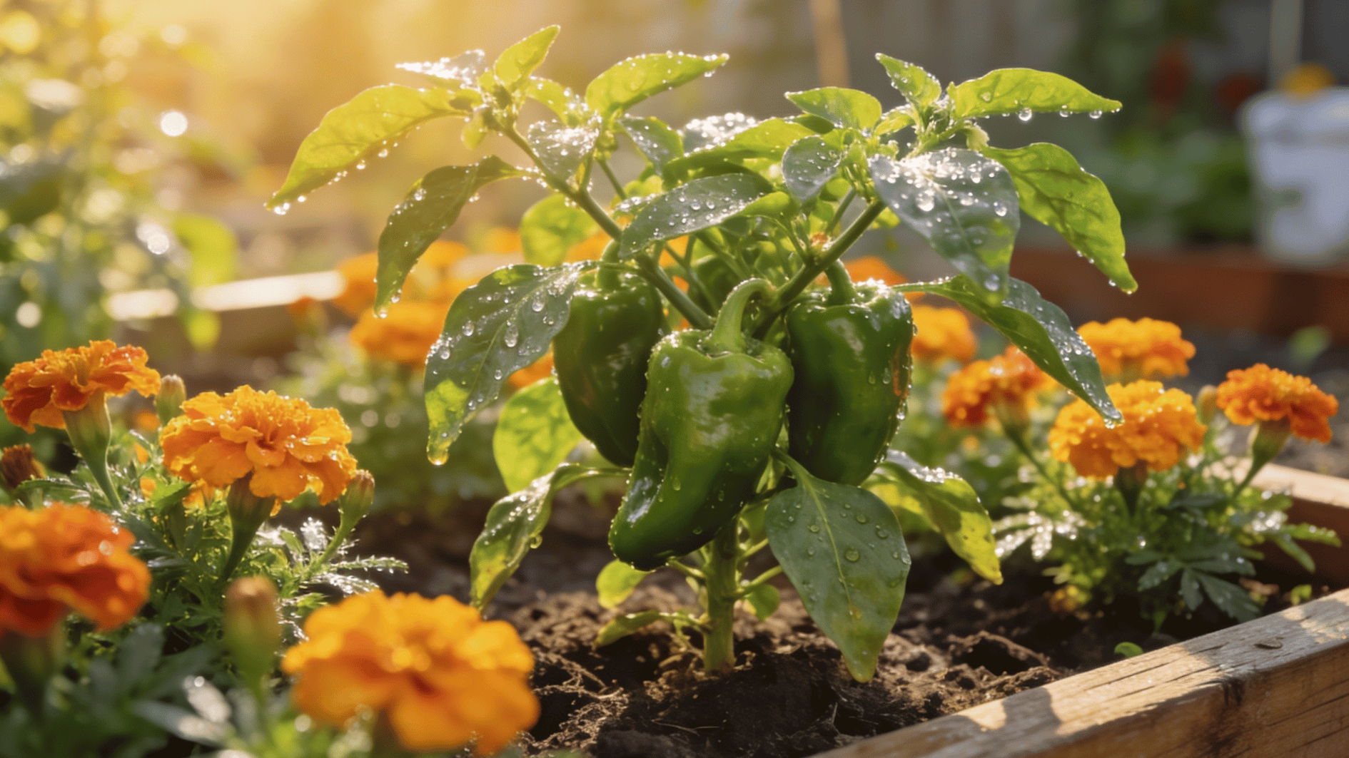 pepper plants bordered by marigold flowers in a garden bed, bright colors and natural sunlight highlighting plant health