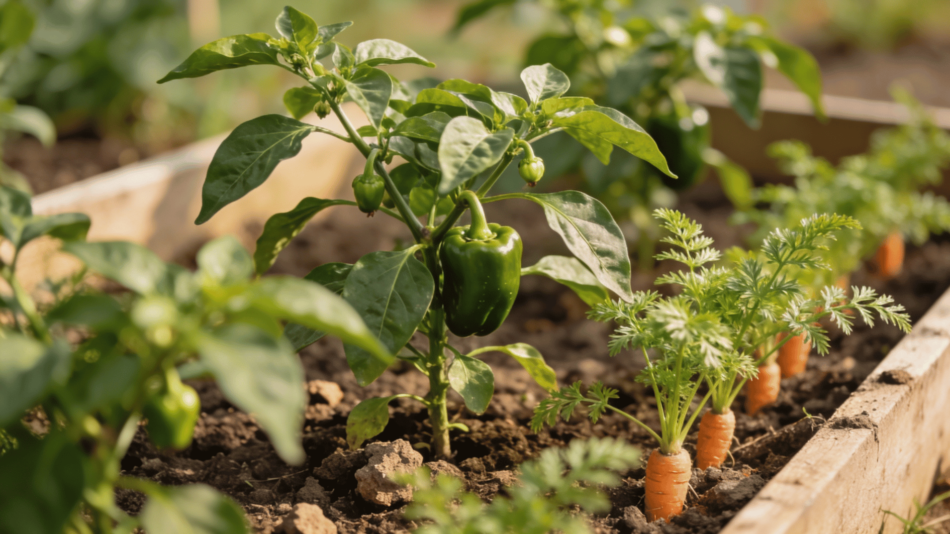 pepper plants growing alongside carrots in a raised garden bed with visible soil texture and natural outdoor lighting