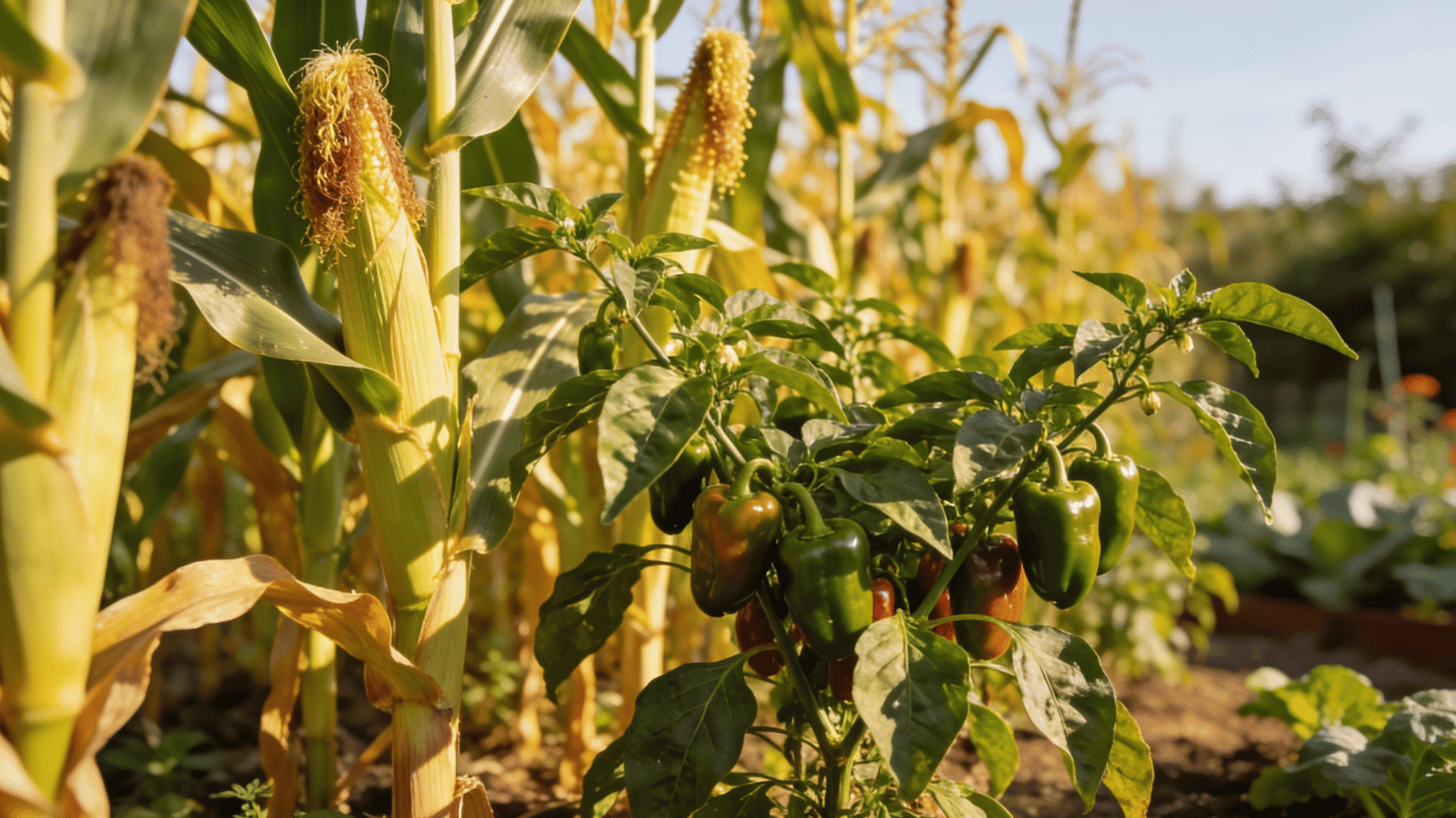 pepper plants growing near tall corn stalks in a garden, natural sunlight and spacing showing a larger outdoor planting area