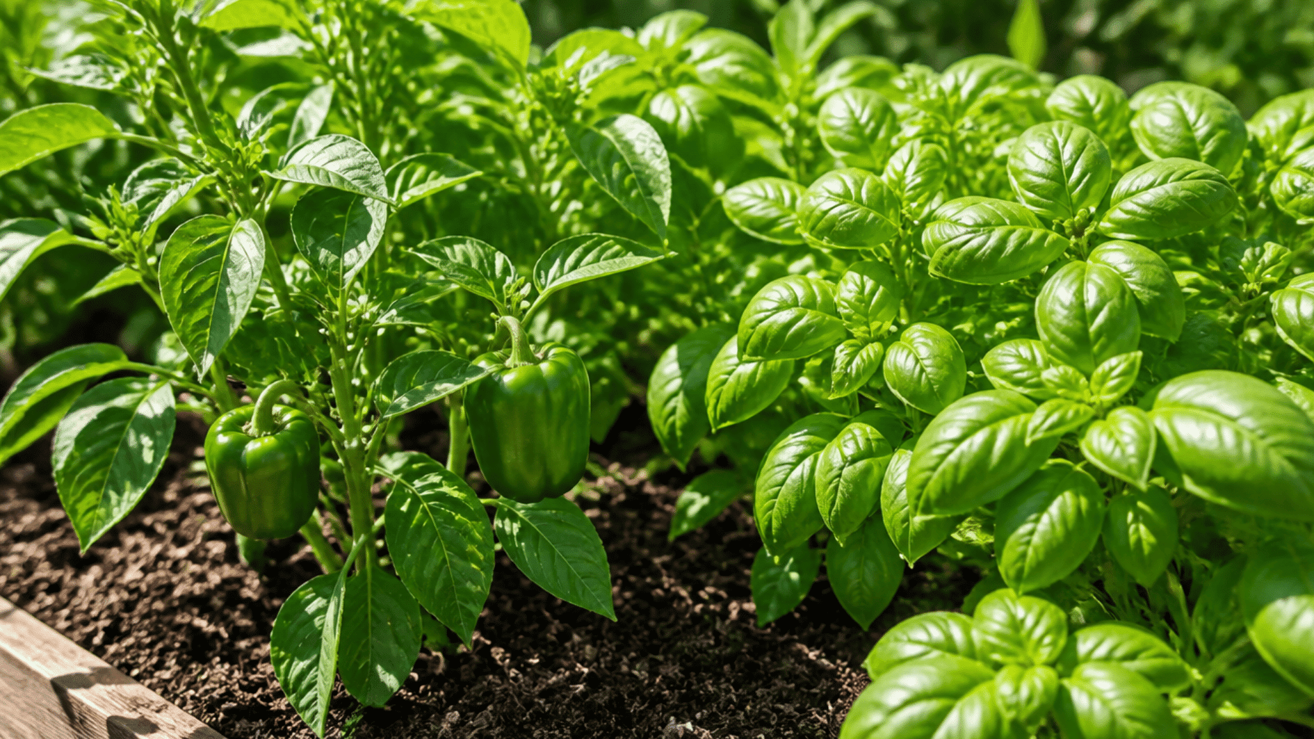 pepper plants growing next to fresh basil in a garden bed with rich soil and natural sunlight highlighting healthy green leaves