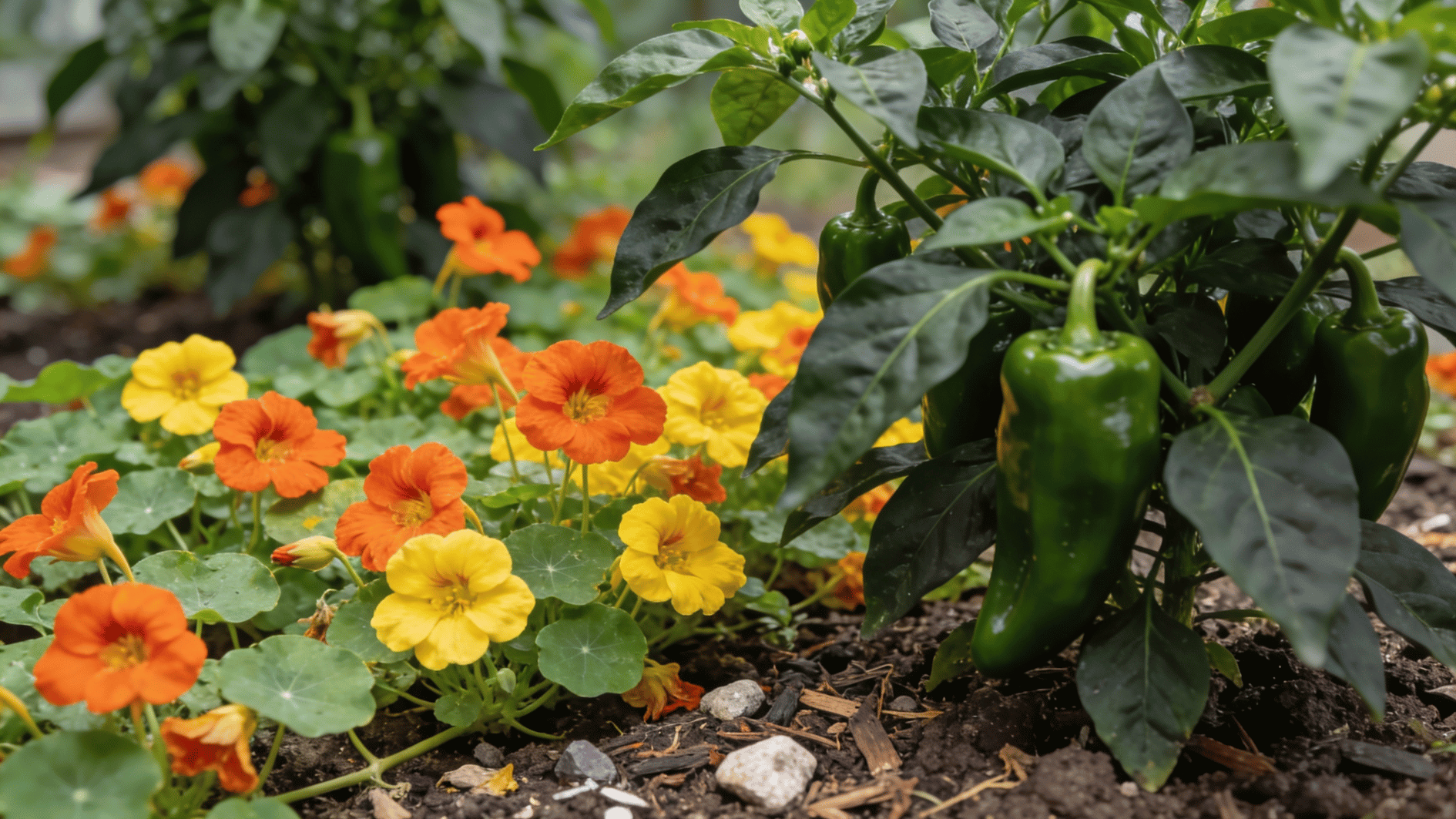pepper plants growing next to nasturtiums with bright flowers, natural garden setting with soil and sunlight visible