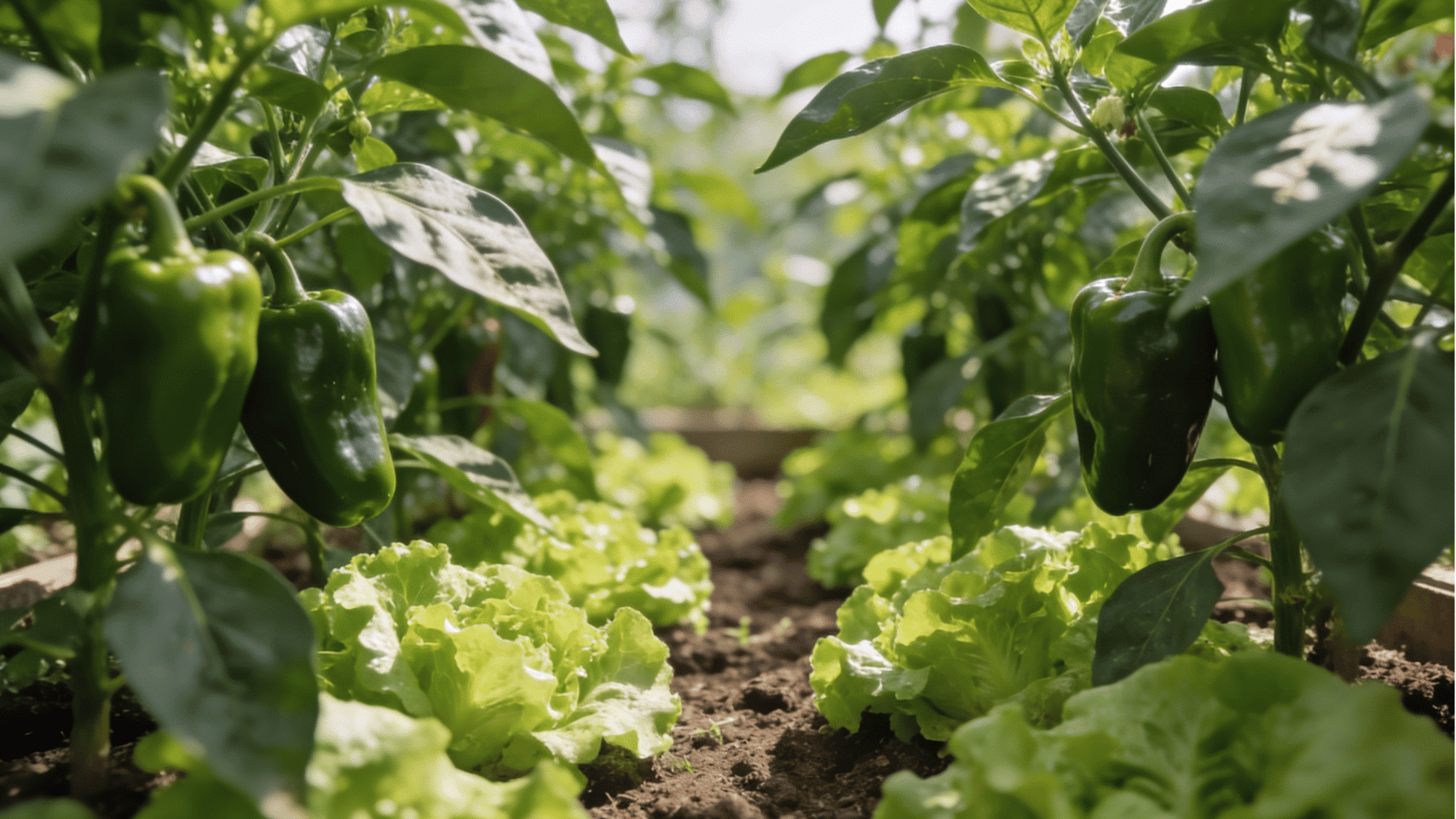 pepper plants growing with lettuce underneath, showing ground cover and soil moisture retention in a natural garden bed
