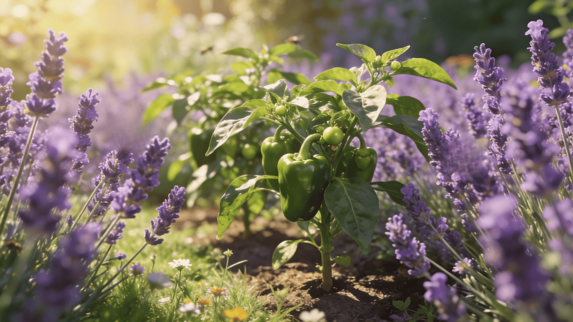 pepper plants surrounded by lavender flowers in a garden, soft sunlight and bees visible in a natural outdoor setting