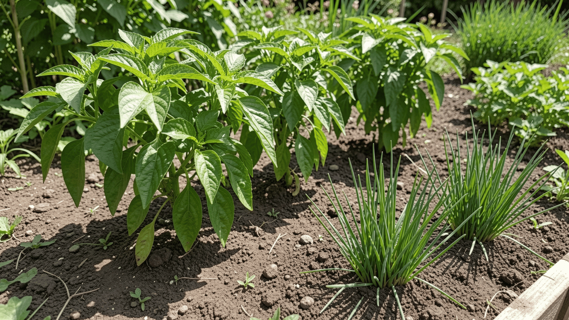 pepper plants with chives planted nearby in a garden bed, showing clear spacing and natural sunlight in a backyard setting