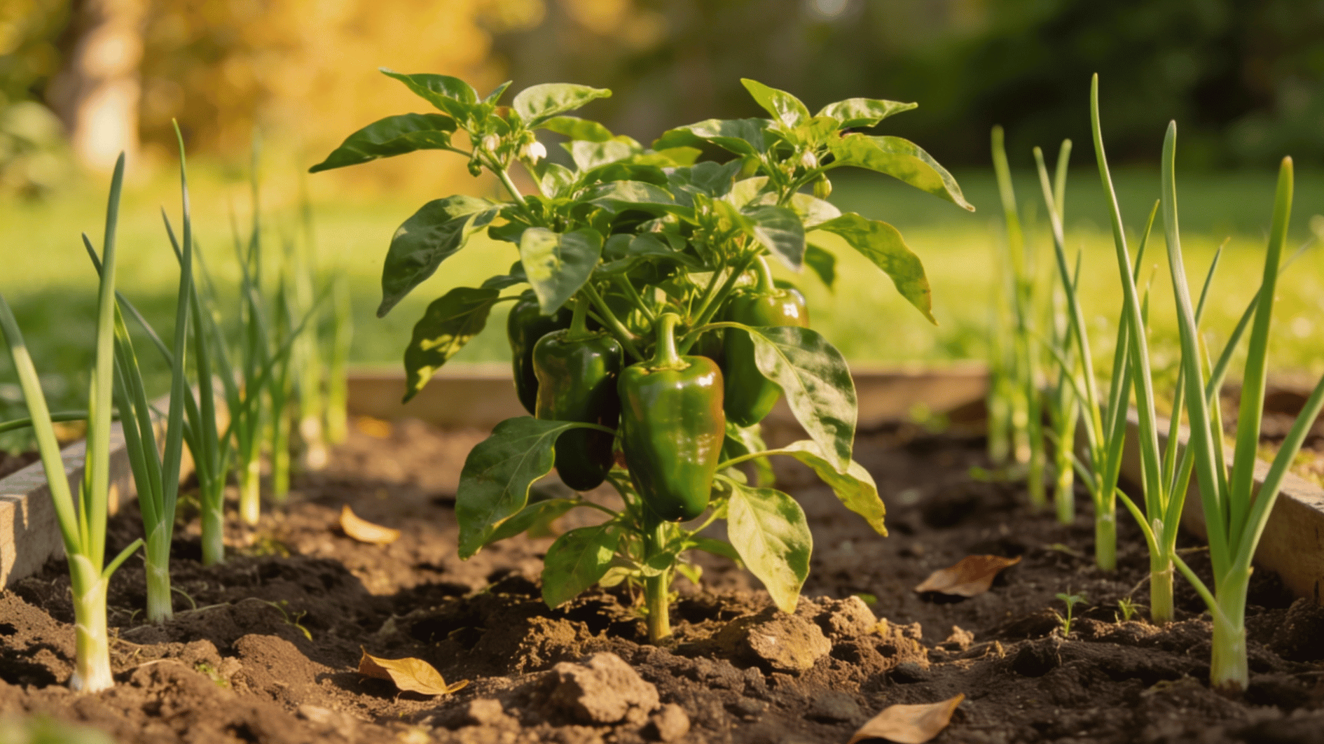 pepper plants with garlic planted around them in a garden bed, natural soil and sunlight showing a practical planting layout