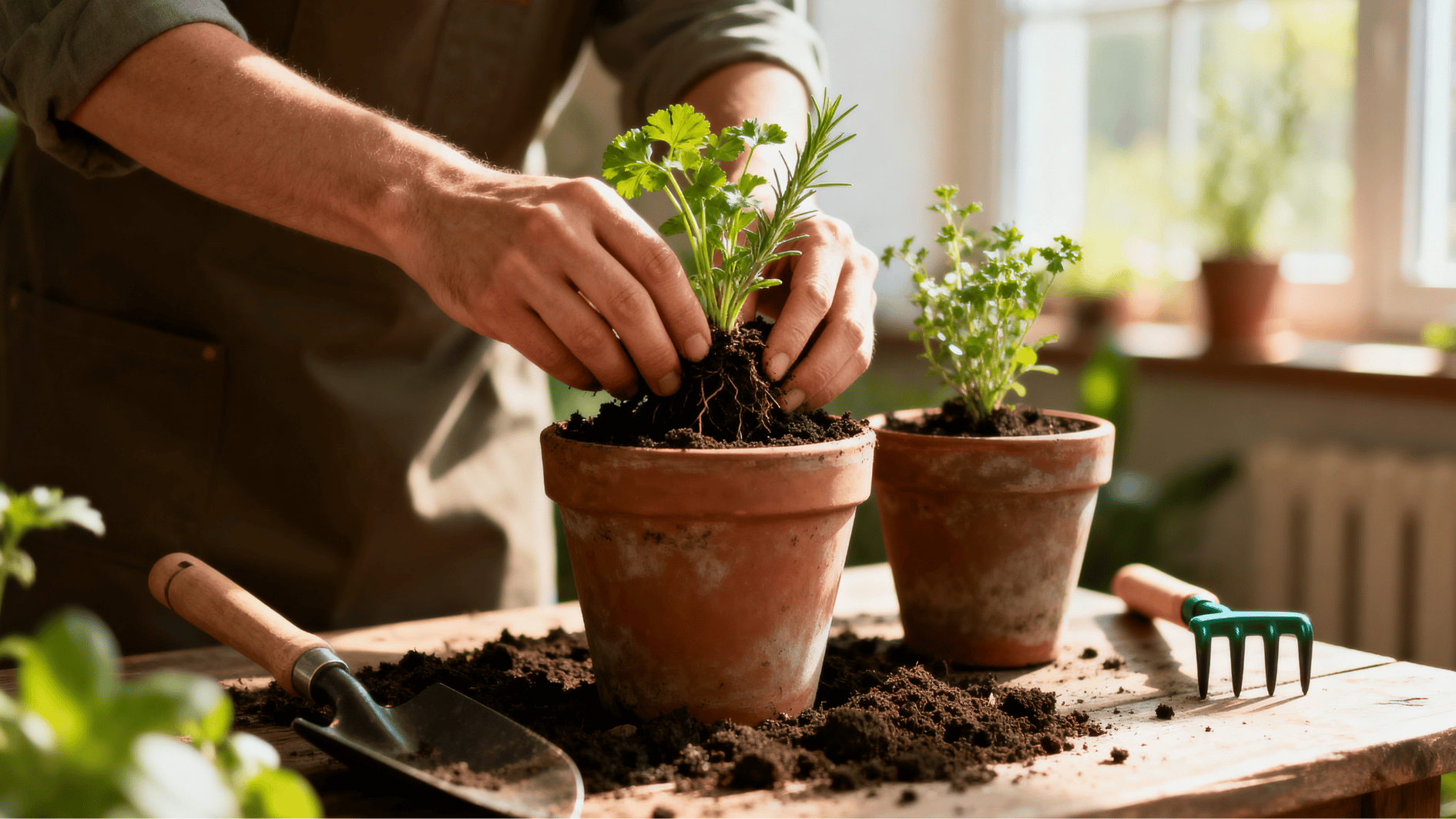 person carefully planting fresh herb plants into clay pots on a wooden table with warm natural sunlight indoors.