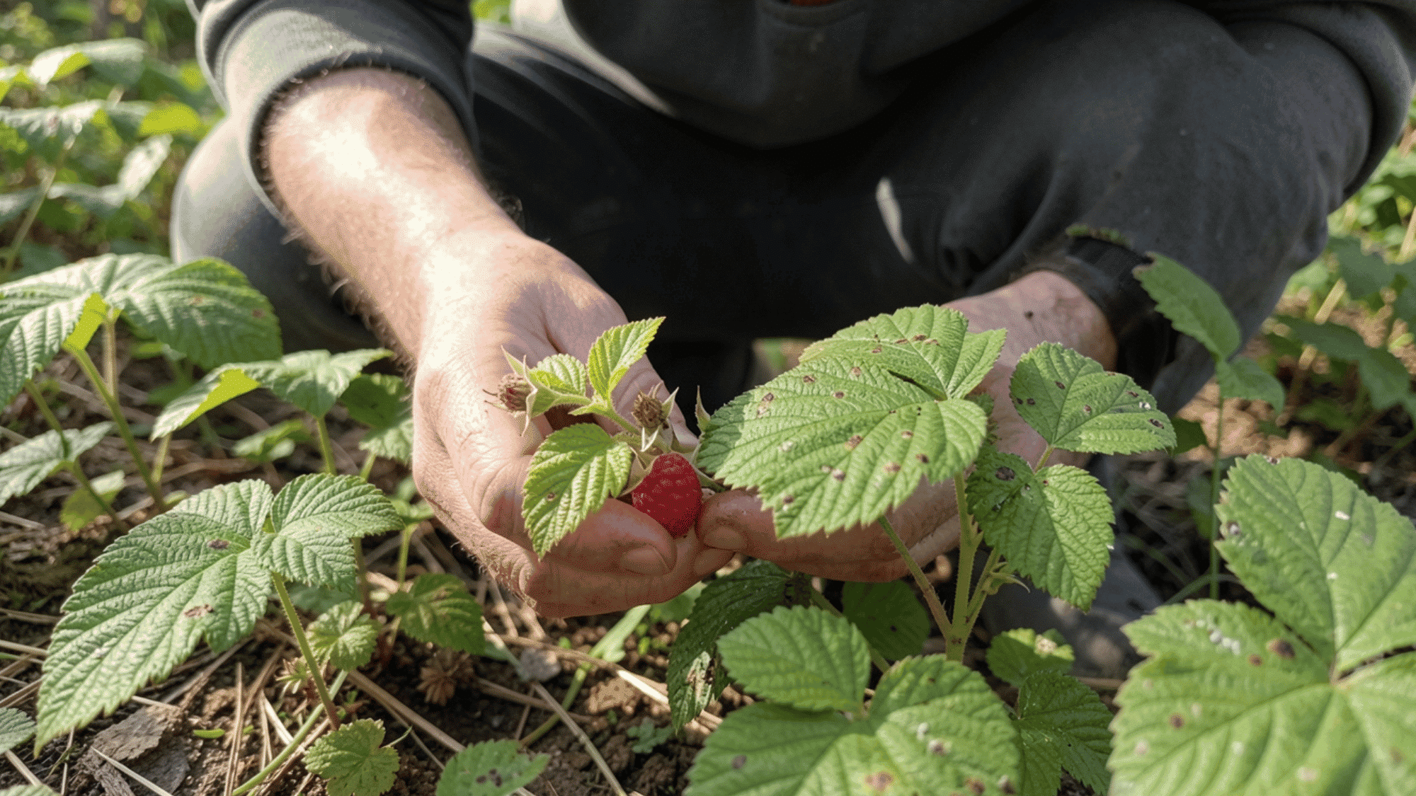 person crouching to inspect young raspberry plant leaves in a garden row for signs of pests or stress