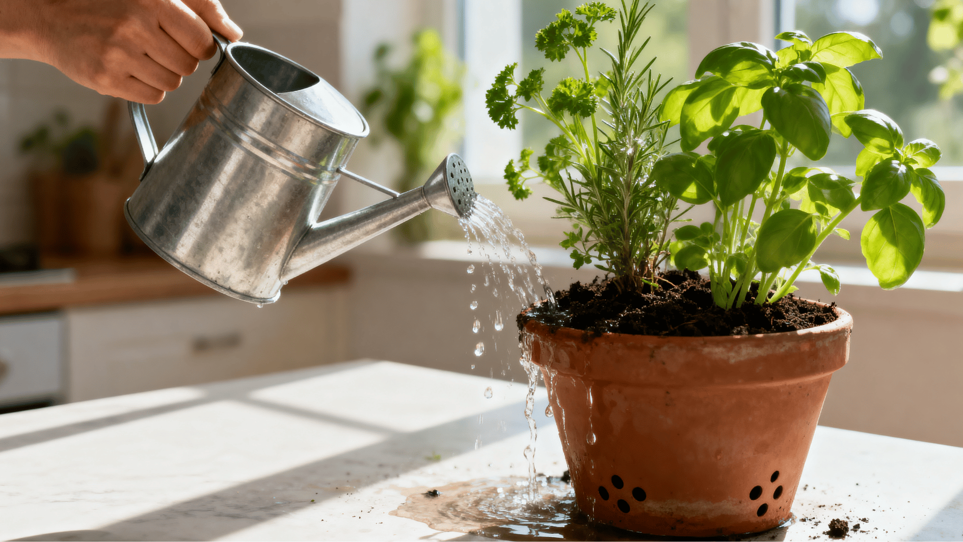 person gently watering indoor herb plants in a clay pot with bright sunlight and fresh green leaves indoors.