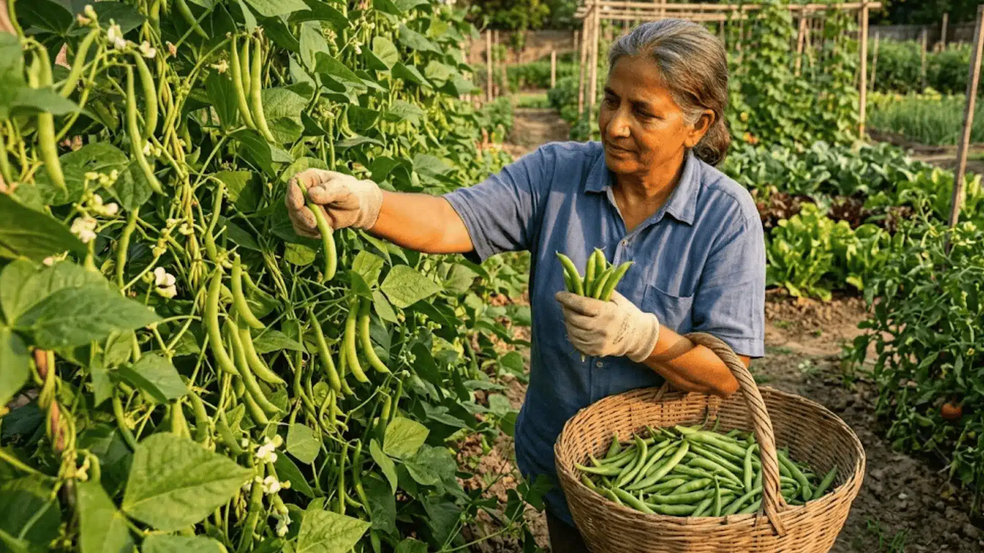 person harvesting firm bright green bean pods from a lush productive garden plant into a worn wicker basket
