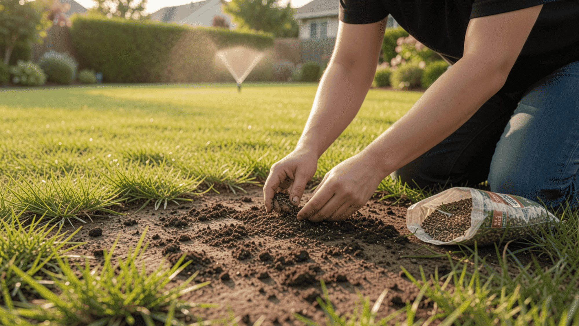 _person kneeling and spreading grass seed by hand over bare thin patches on a cleared lawn