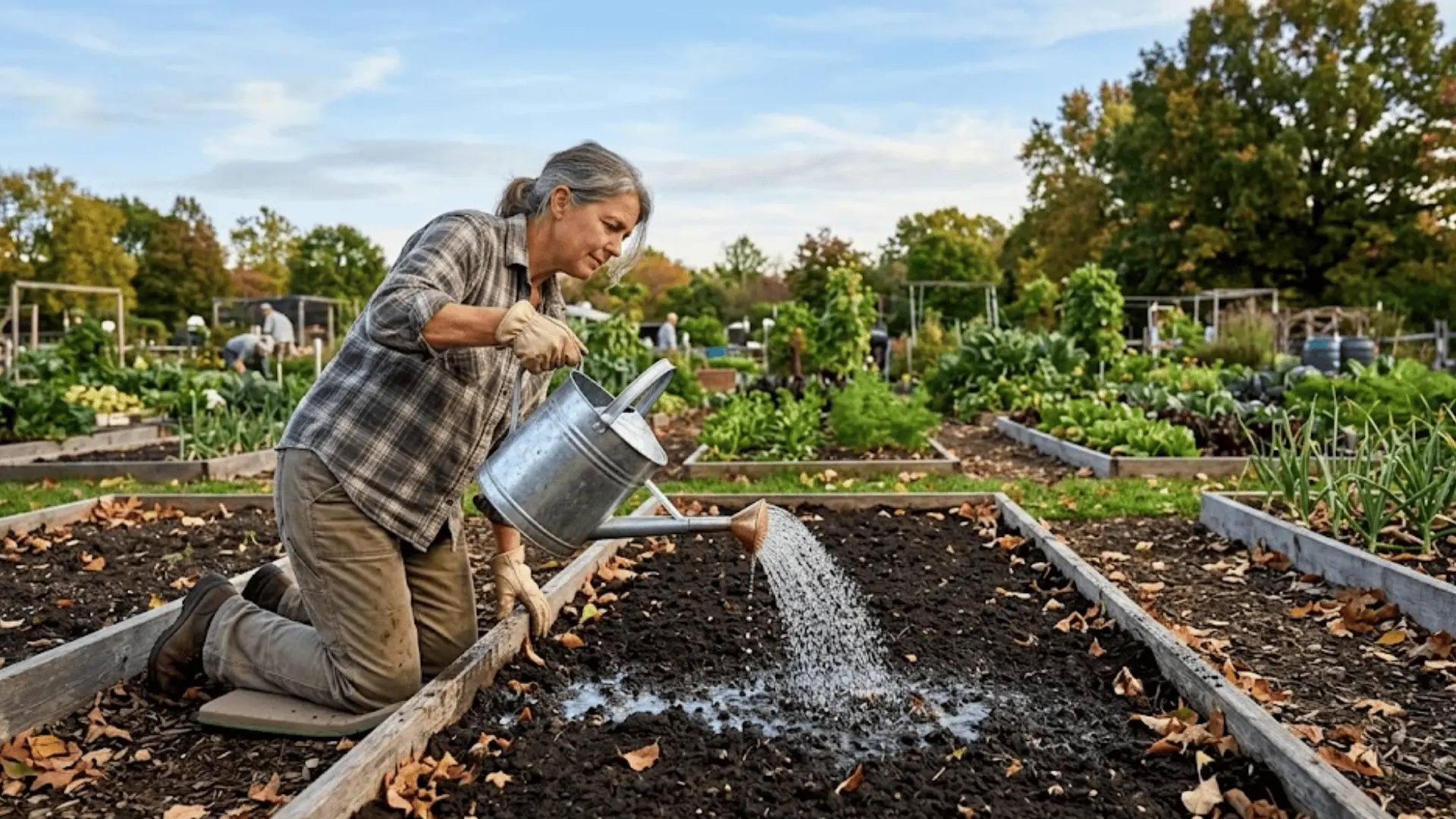 person kneeling and watering freshly planted tulip bed with metal watering can, wooden frame border, soft autumn daylight