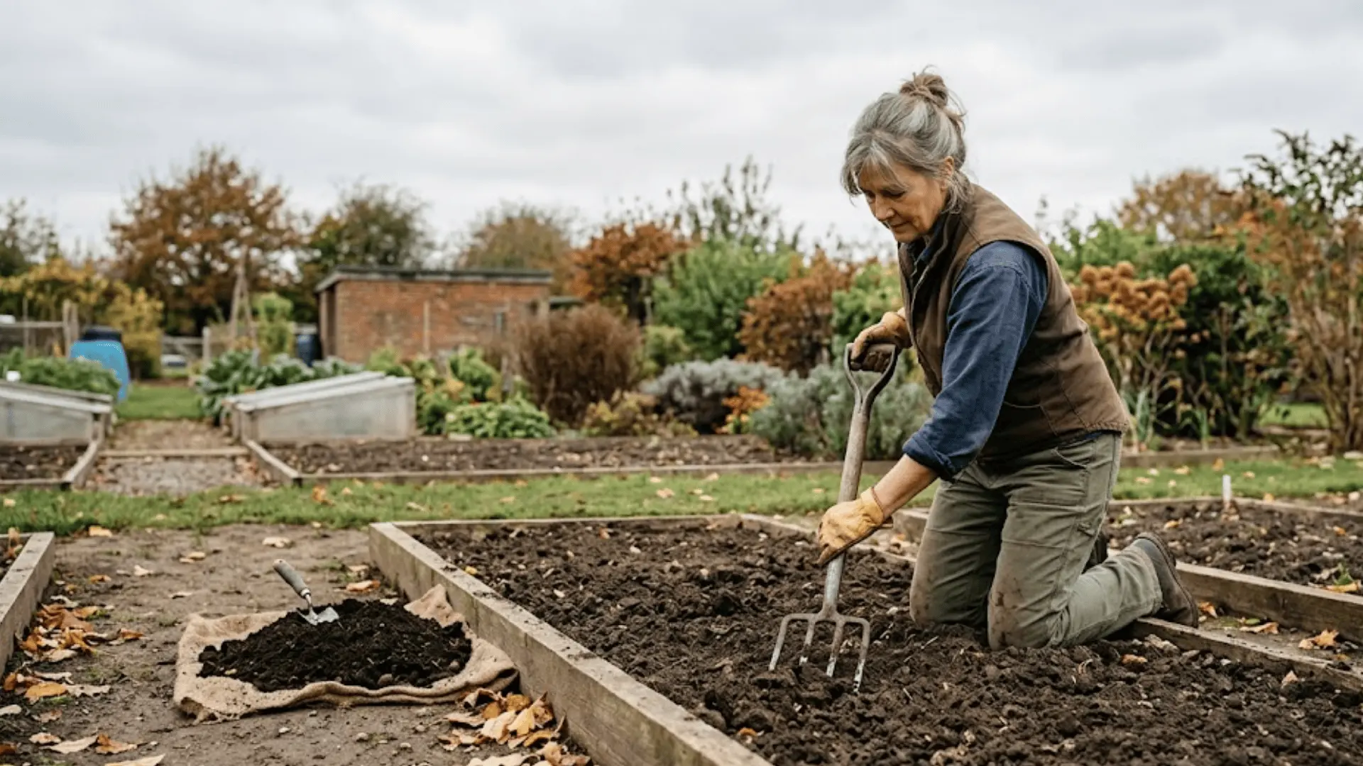 person loosening dark garden soil with fork beside compost pile, wooden bed frame, soft overcast autumn daylight