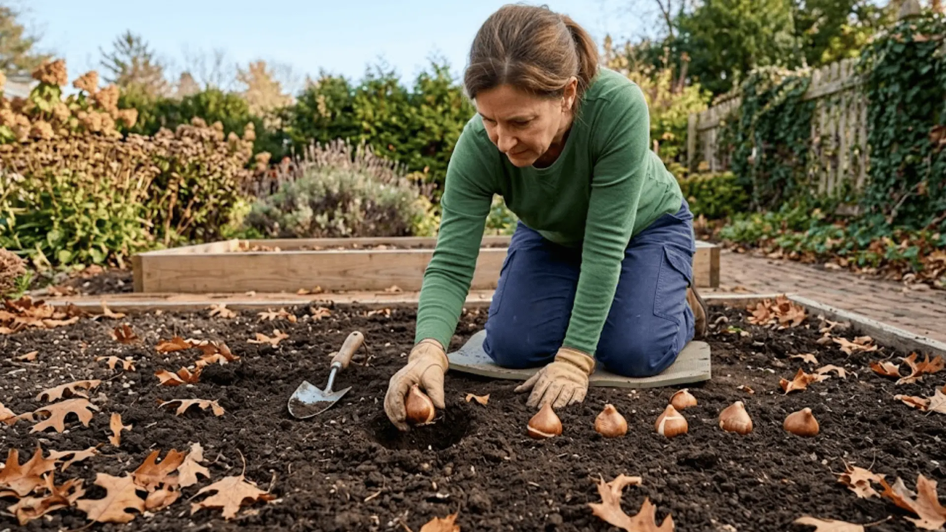 person planting daffodil bulb pointy side up in dark garden soil, trowel nearby, soft autumn daylight, raised bed garden