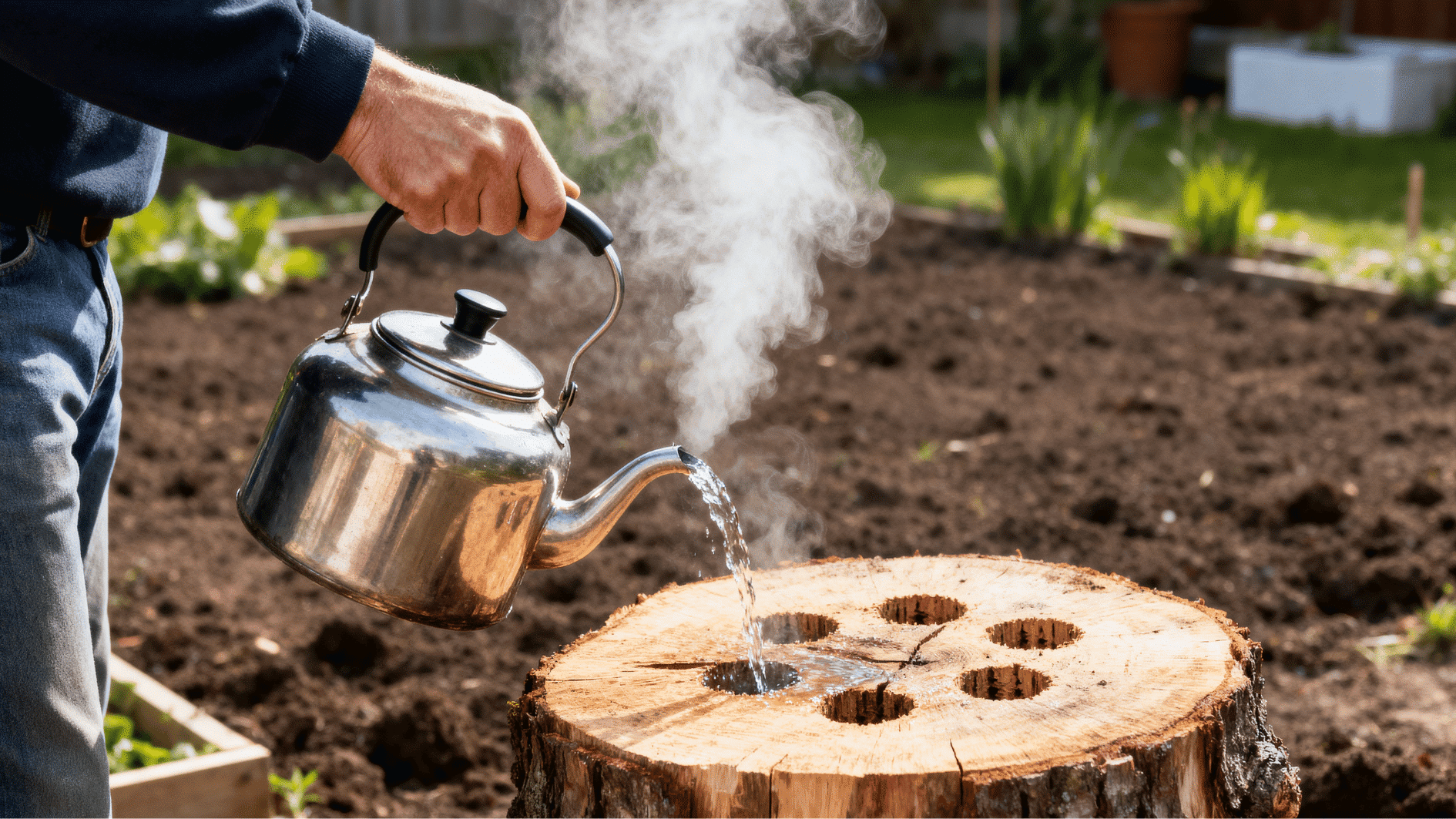 person pouring boiling water into drilled holes on a tree stump to loosen roots naturally during a DIY stump removal project.