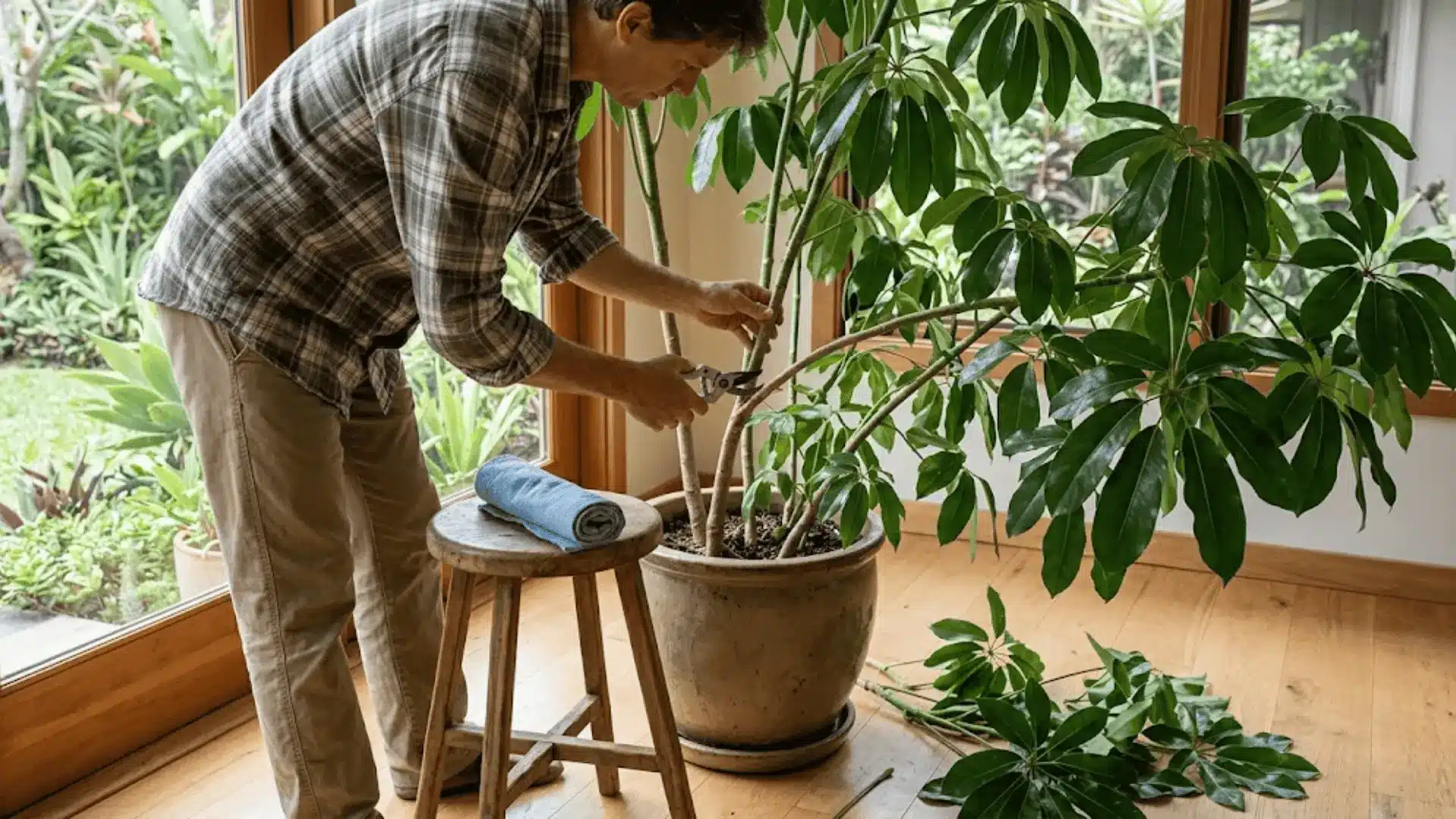person pruning a tall lush schefflera plant with sharp shears in a bright indoor space with natural daylight