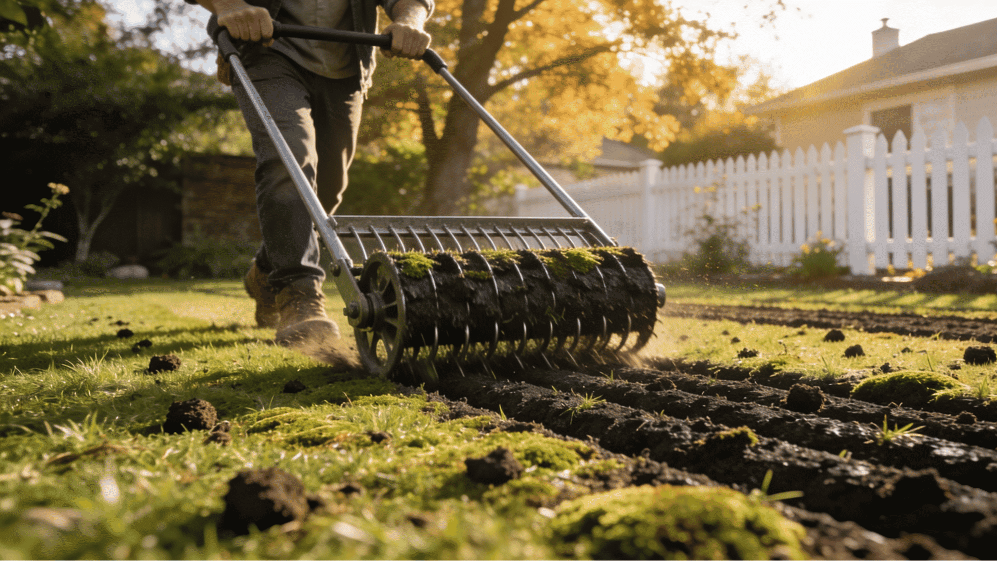 person pushing a hollow-tine lawn aerator across compacted grass with soil plugs on the surface