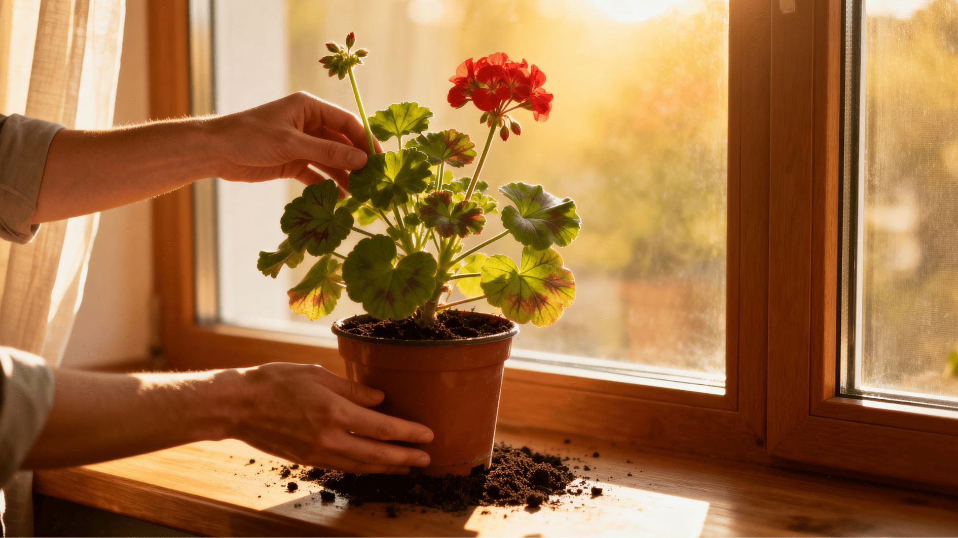 person rotating a healthy potted geranium near a sunny indoor window with warm natural evening light.
