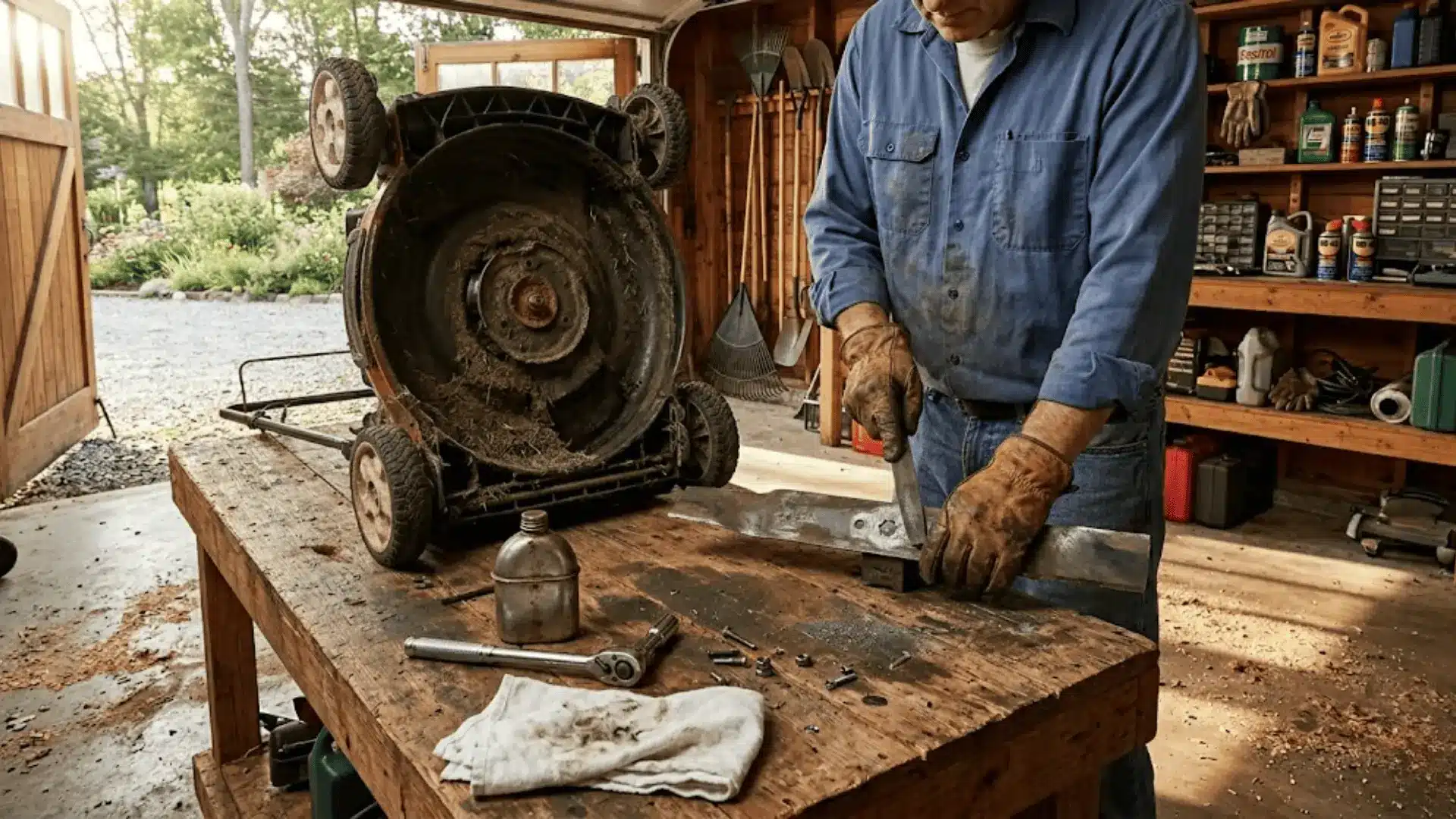 person sharpening a detached lawn mower blade on a weathered workbench in a sunlit garage
