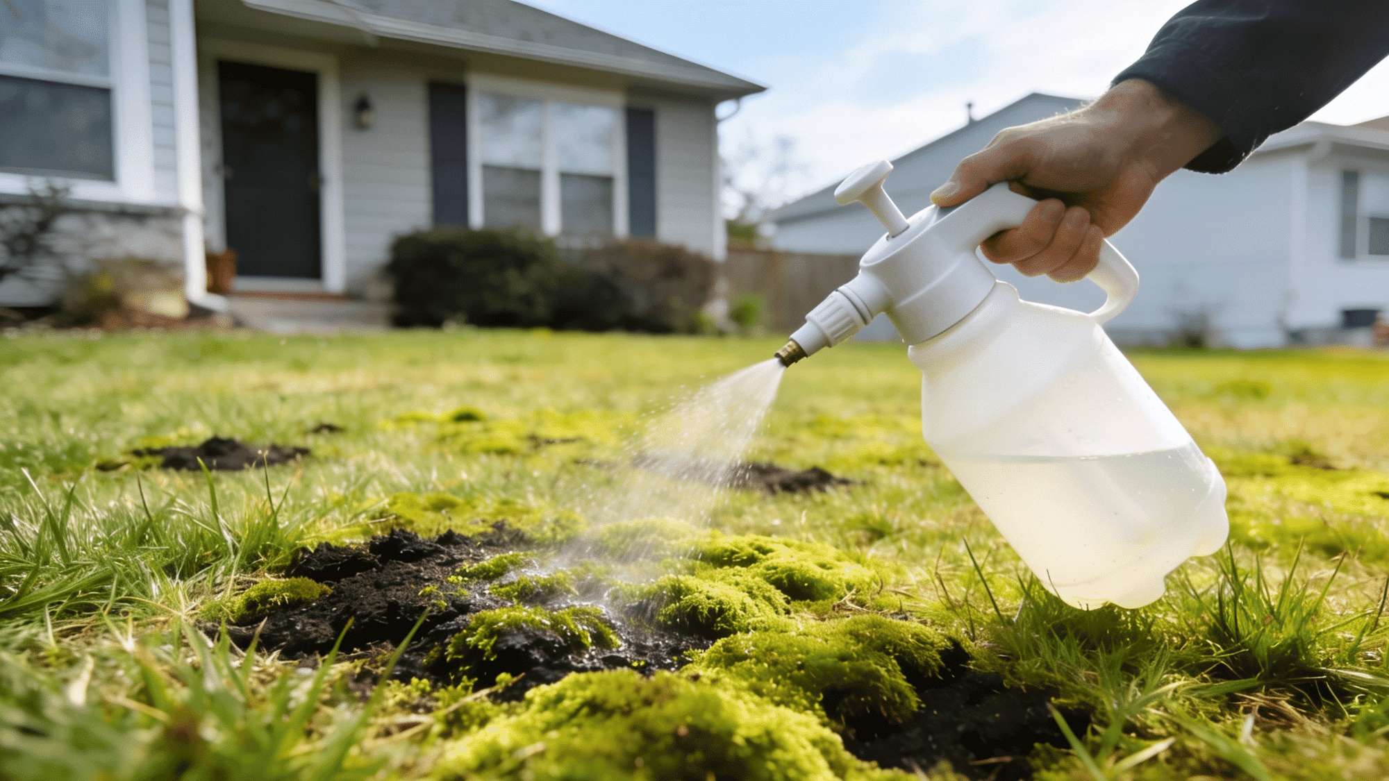 person spraying lawn-safe moss killer evenly over dark green moss patches on a residential lawn (1)
