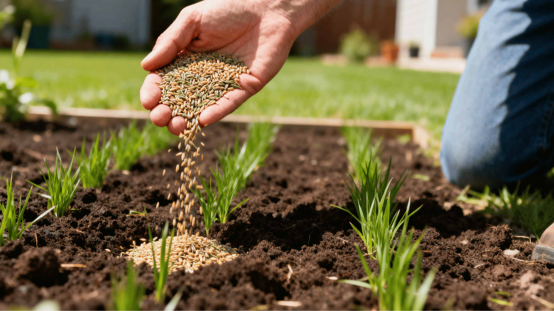 person spreading starter fertilizer by hand over fresh grass sprouts in rich soil during sunny backyard lawn care.