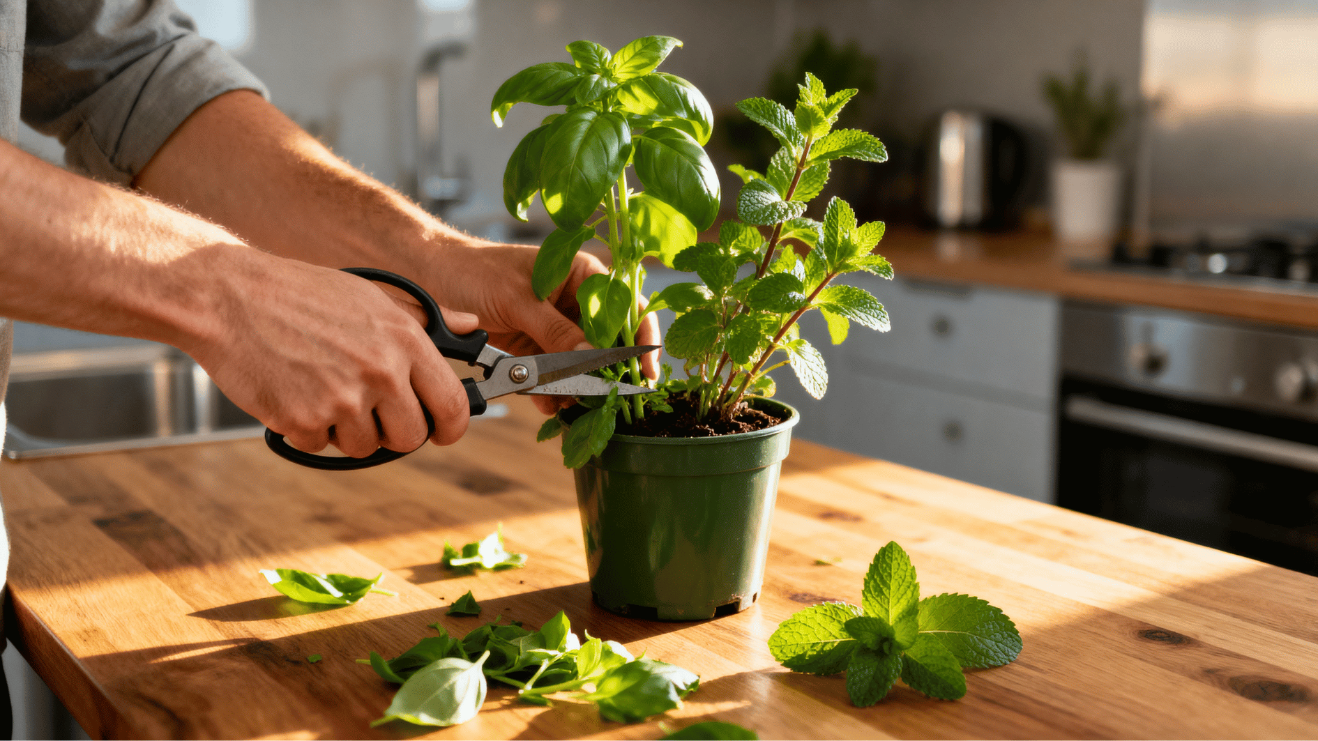 person trimming fresh basil and mint plants with scissors on a wooden kitchen counter in warm natural sunlight.