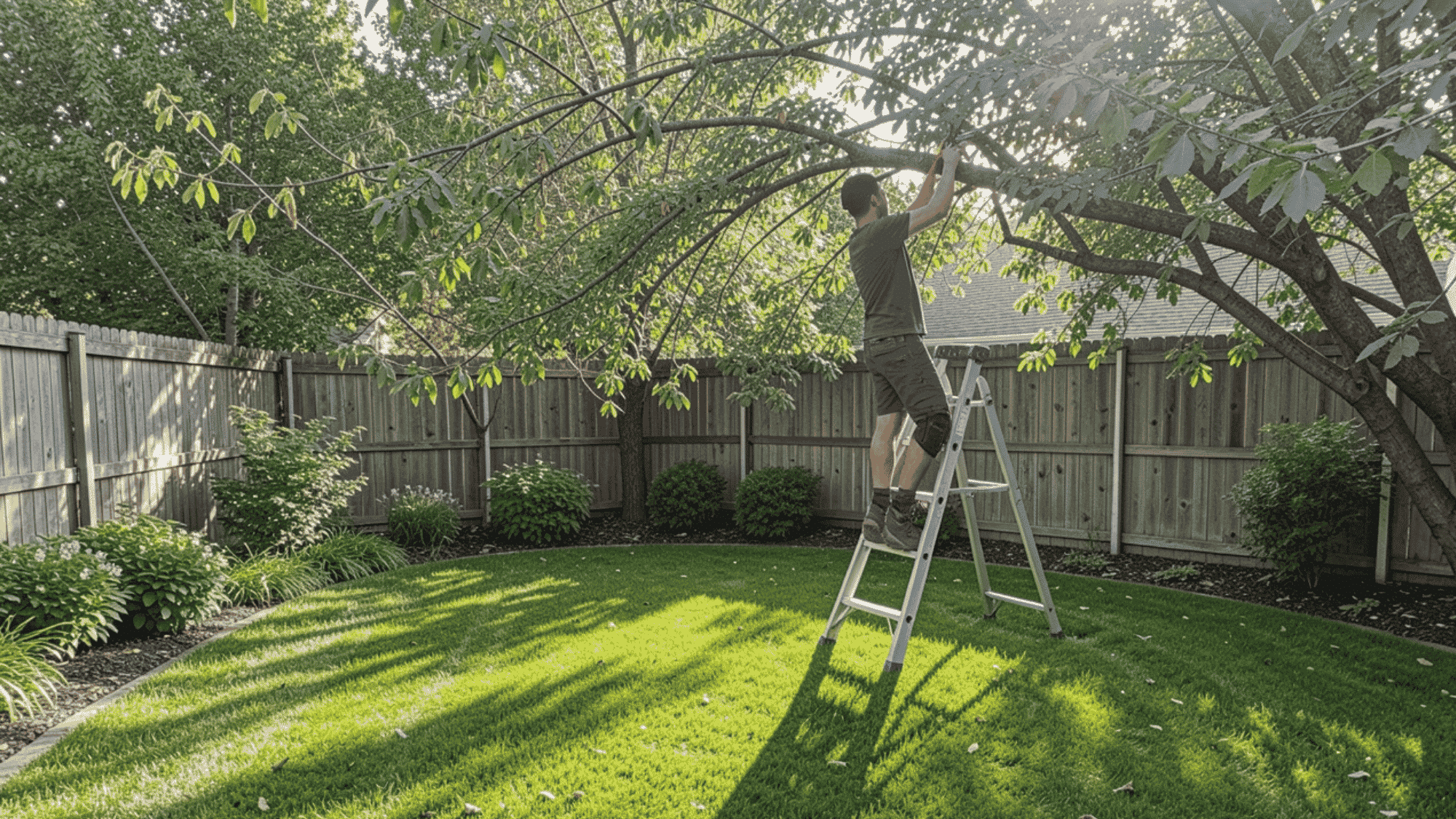 person trimming overhanging tree branches above a patchy lawn to improve sunlight and drainage