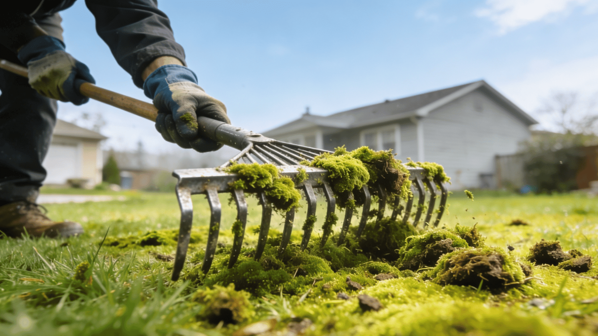 person using a dethatching rake to pull out thick moss patches from a damp residential lawn (1)