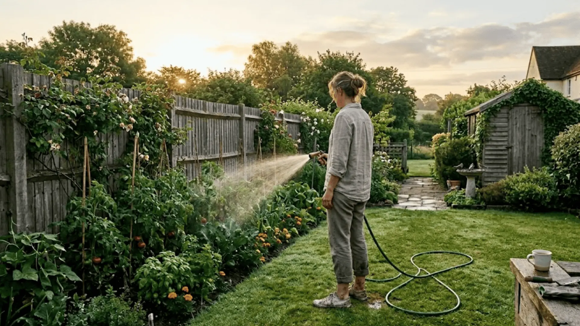 person watering a lush garden bed with a hose in soft golden early morning light, dew on grass
