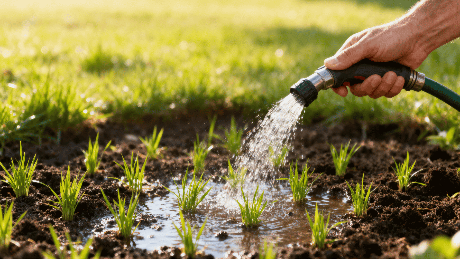 person watering newly planted grass sprouts with a garden hose on moist soil during sunny outdoor lawn care.