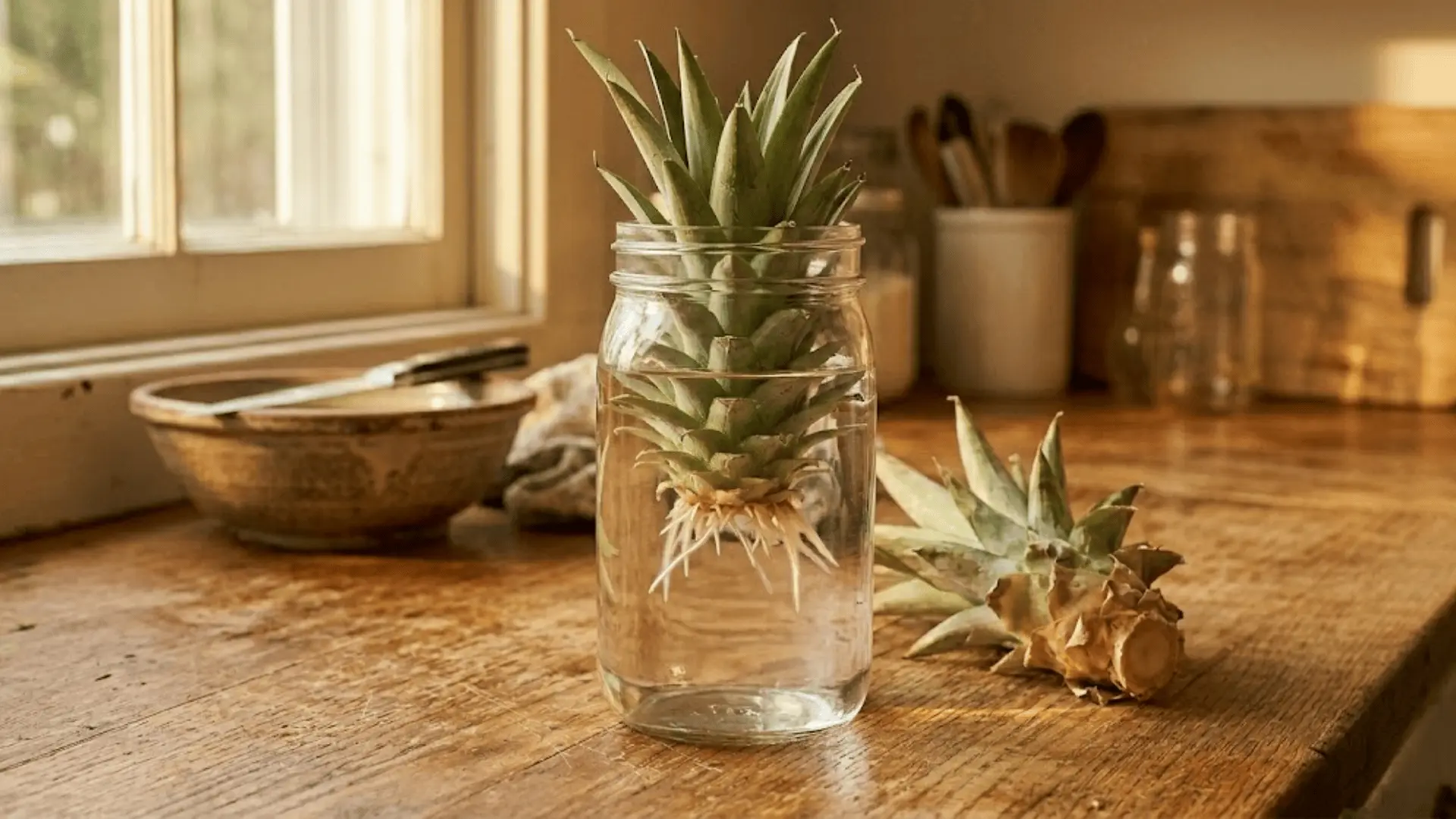 pineapple crown rooting in a clear glass jar with visible white roots on a wooden kitchen counter