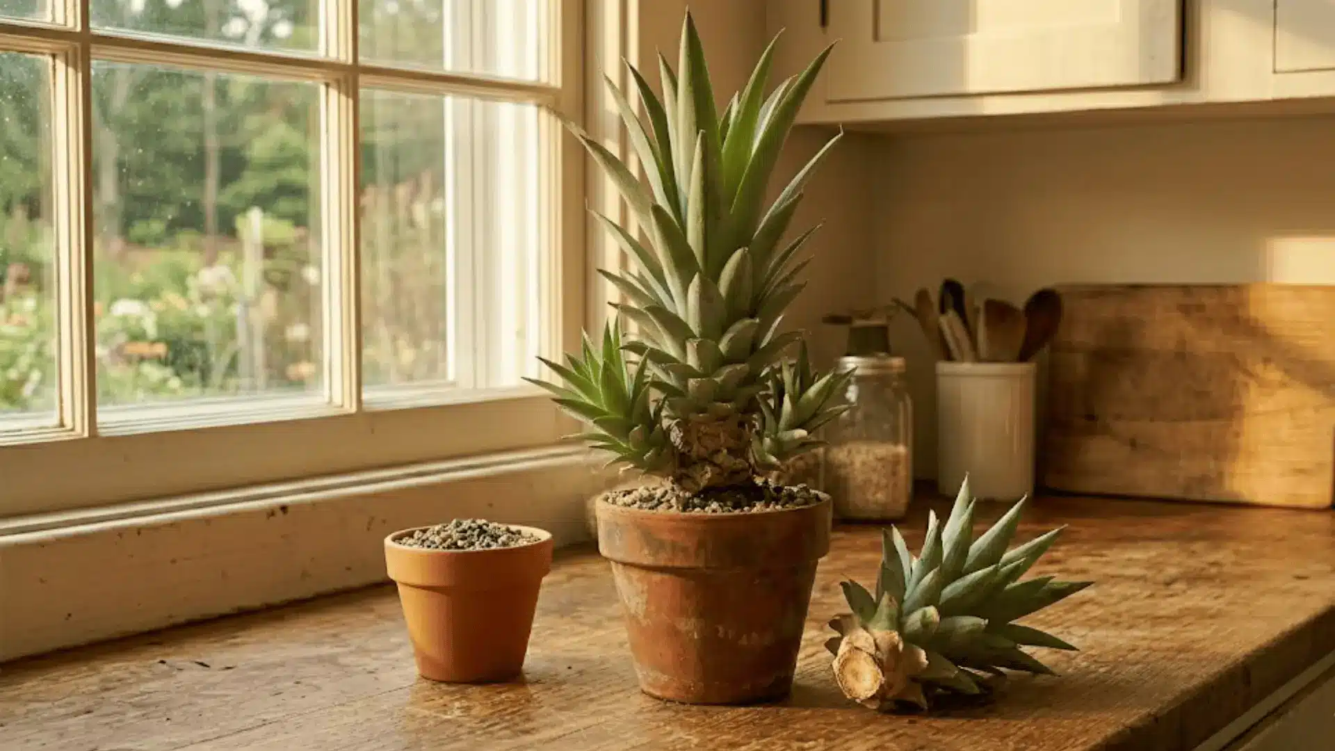 pineapple plant pups emerging from mother plant base on a wooden counter with a terracotta pot nearby