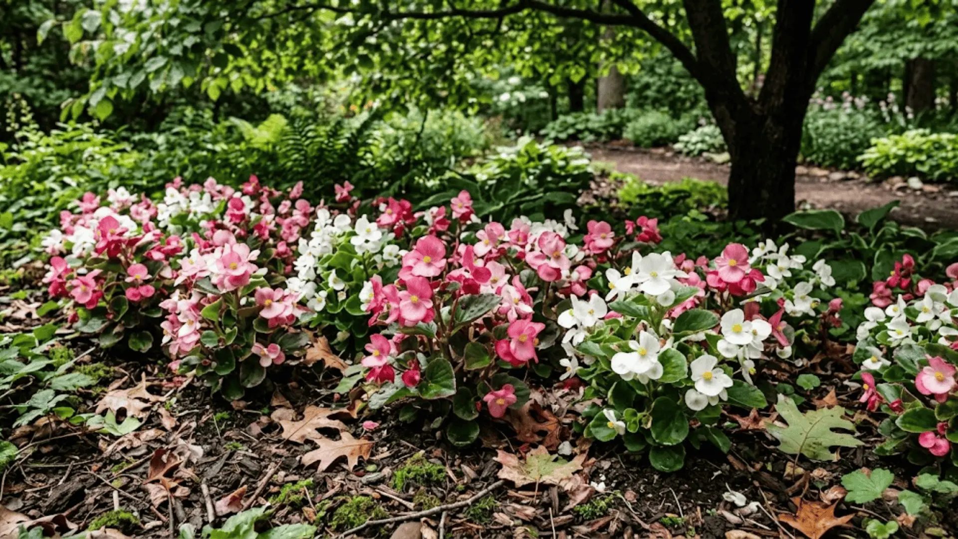 pink and white begonias growing in dappled shade with moist soil and green foliage behind