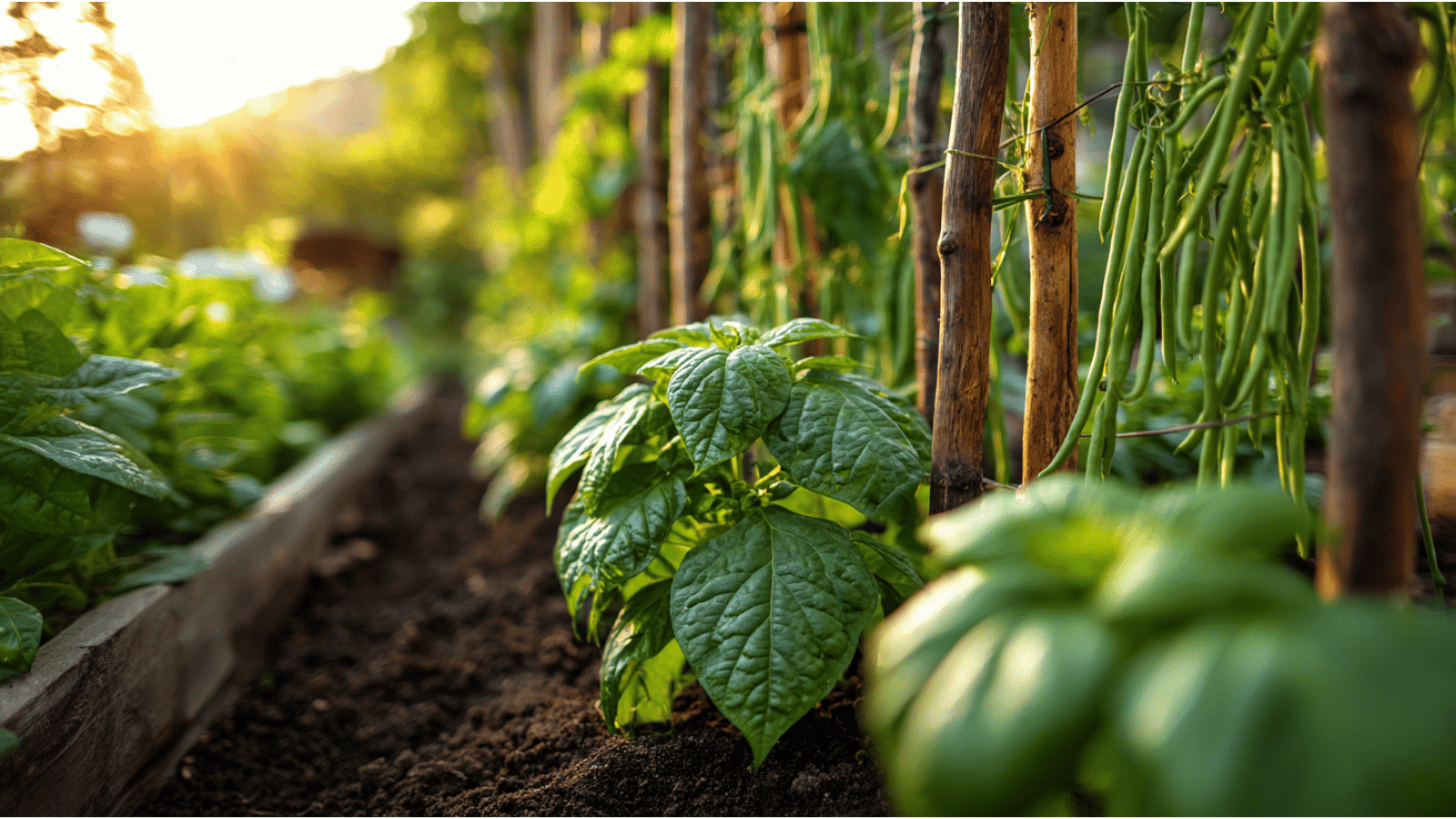 Pole beans and basil growing beside wooden stakes in a sunny garden row with soft earth and green leaves.