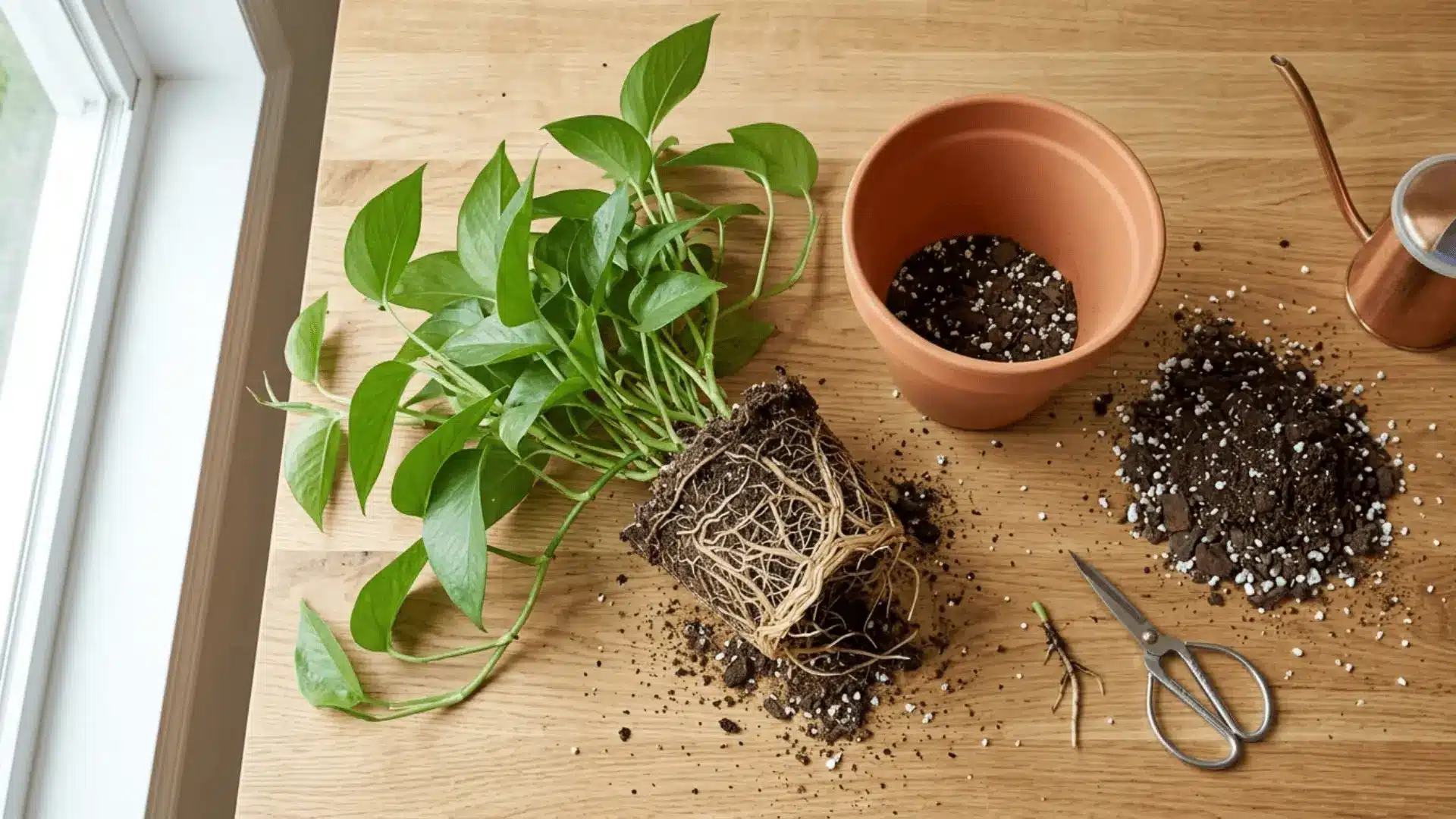 pothos plant mid-repotting on wood table with exposed healthy roots beside fresh soil mix and new terracotta pot