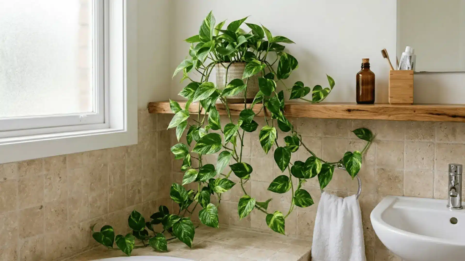 pothos trailing from a wooden bathroom shelf with marbled green leaves and soft diffused daylight