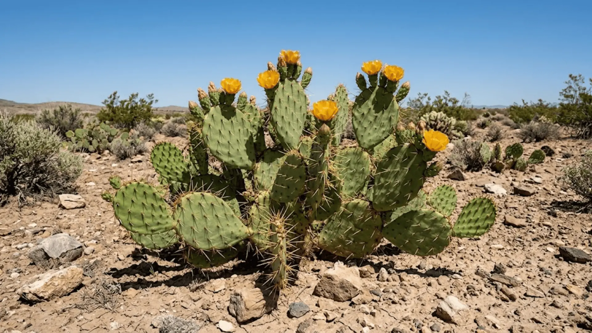 prickly pear cactus with flat green paddles and yellow orange blooms in open dry desert land