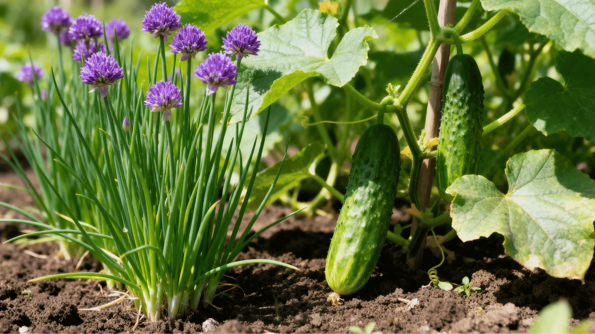purple chive flowers growing beside cucumber plants in rich soil under bright sunlight in a healthy garden bed.
