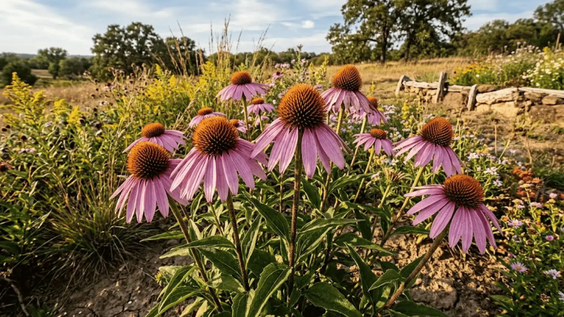 purple coneflowers with drooping pink petals and spiky brown cones growing in a dry naturalistic garden