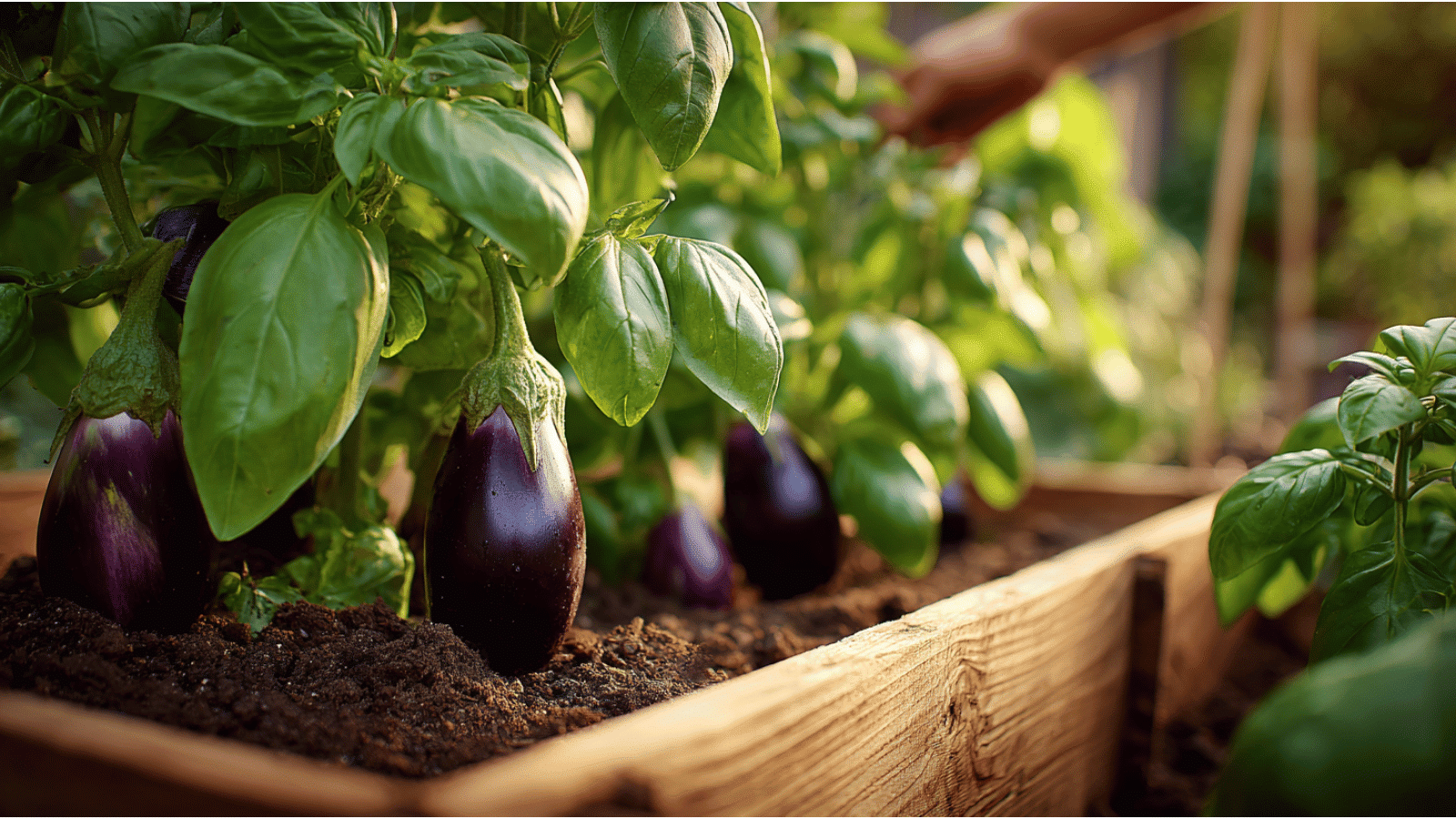 Purple eggplants and basil growing in a wooden raised bed with soft sunlight and healthy summer garden plants.