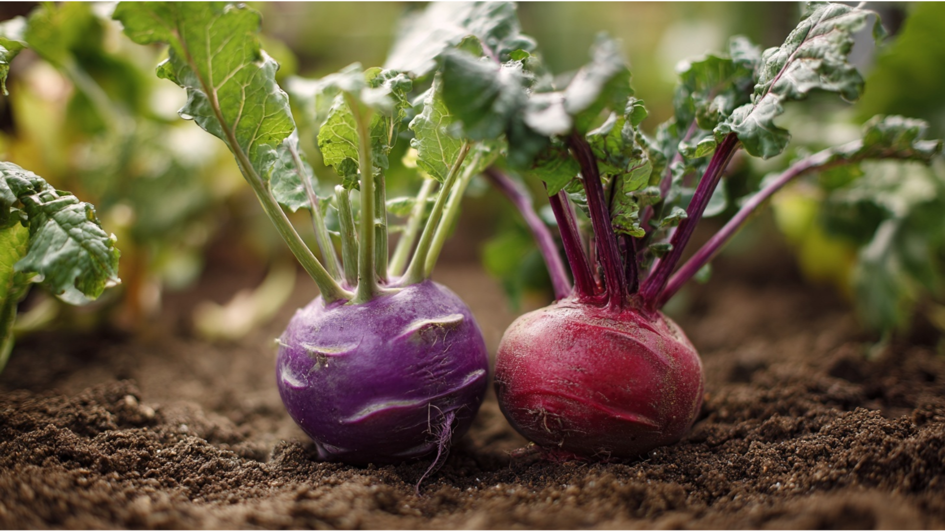 purple kohlrabi and deep red beetroot growing side by side in garden soil