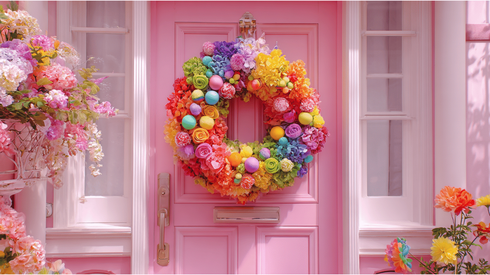 rainbow wreath with colorful flowers pastel ornaments and bright rainbow decorations