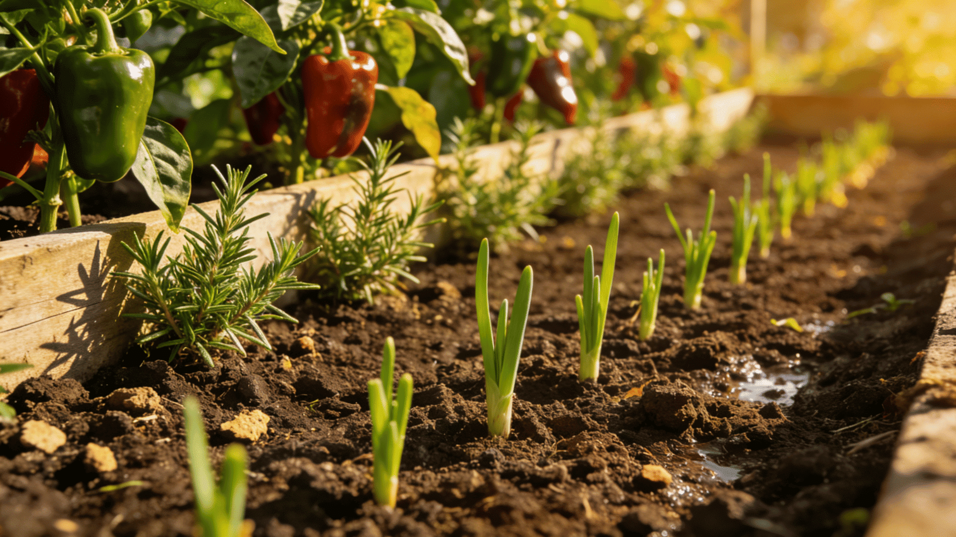 raised garden bed with young onion shoots sprouting in neat rows beside pepper plants in warm sunlight and moist soil