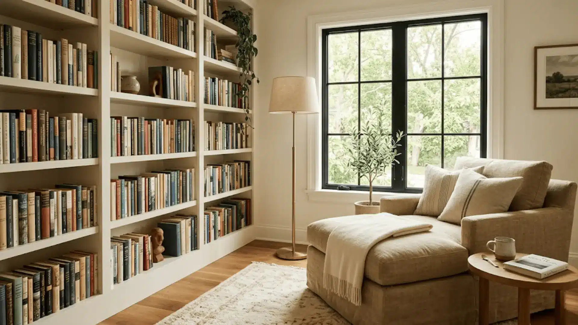 reading nook with linen chaise lounge, brass floor lamp, built-in bookshelves, and warm afternoon light