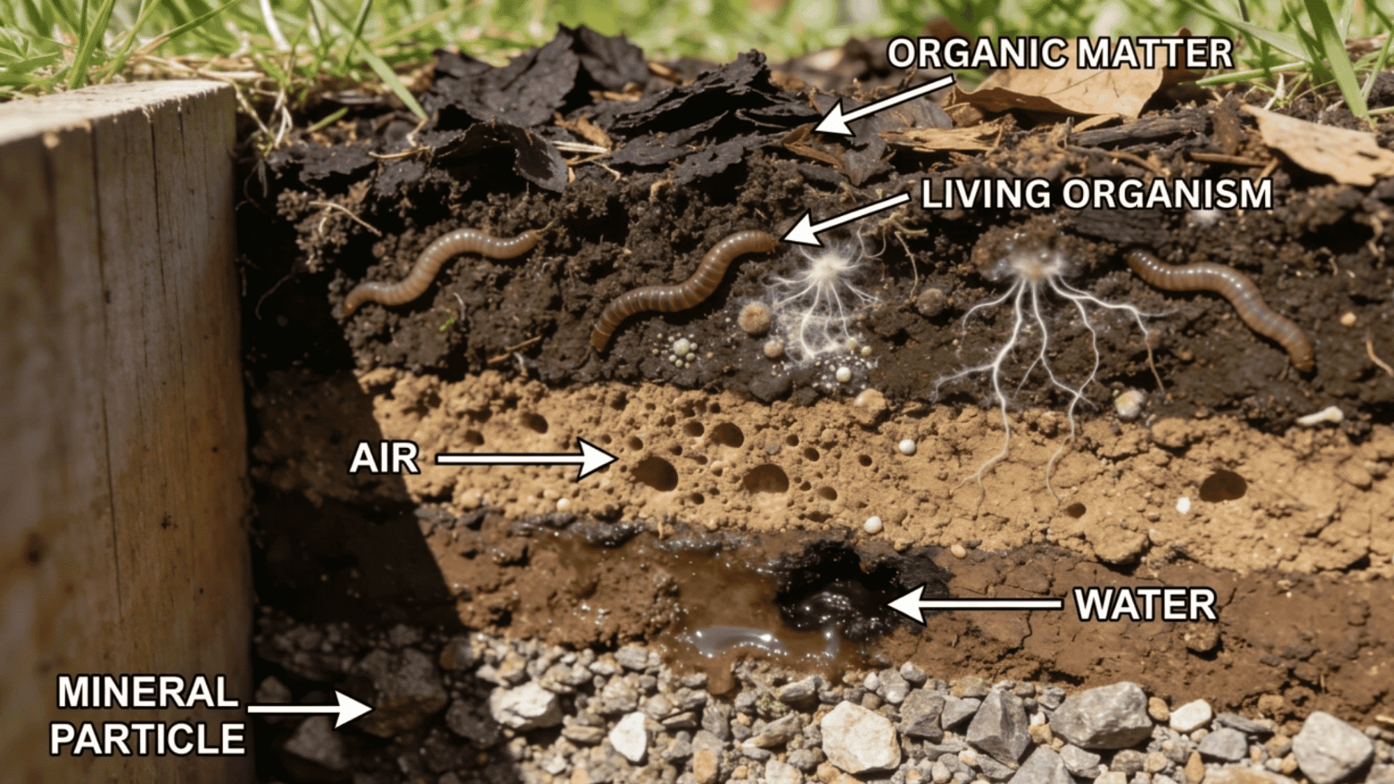 real life soil cross-section showing organic matter living organisms air pockets water and mineral particles with labels